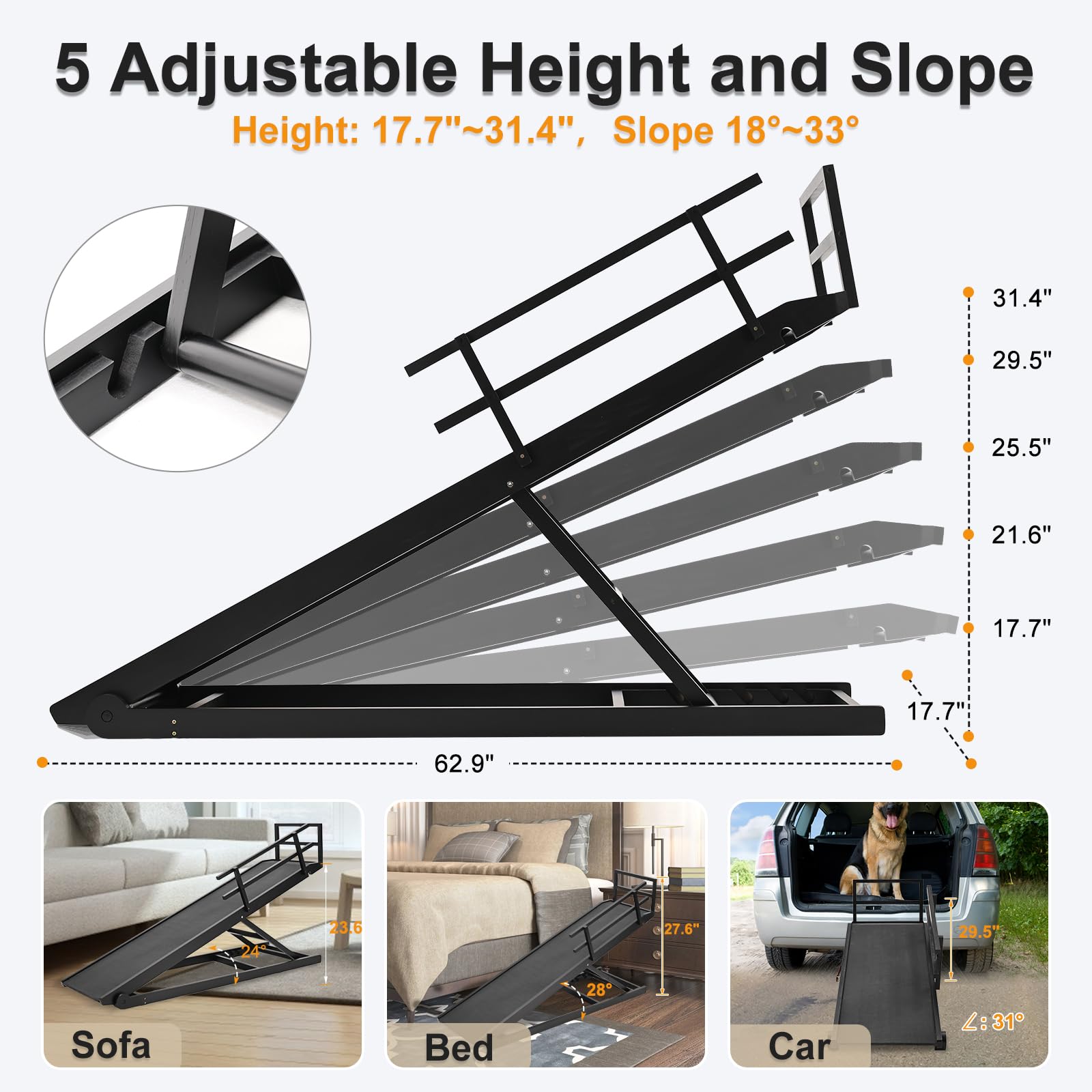 Adjustable Pet Ramp For Dogs - Large Bed/Couch/Car Ramp With Safety Rails - 17'' To 32'' Height
