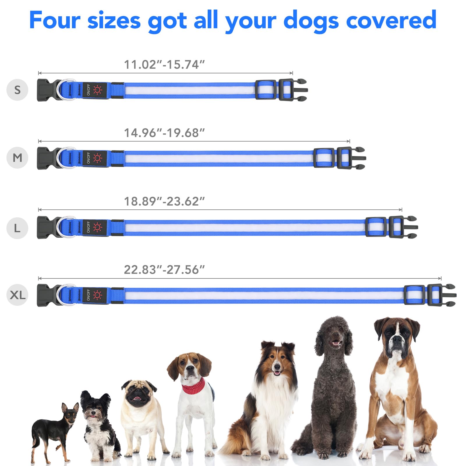 VIZPET LED Dog Collar - Adjustable, USB Rechargeable, Super Bright, Medium 14.96-19.68 inch, Blue, Thermoplastic Polyurethane Material