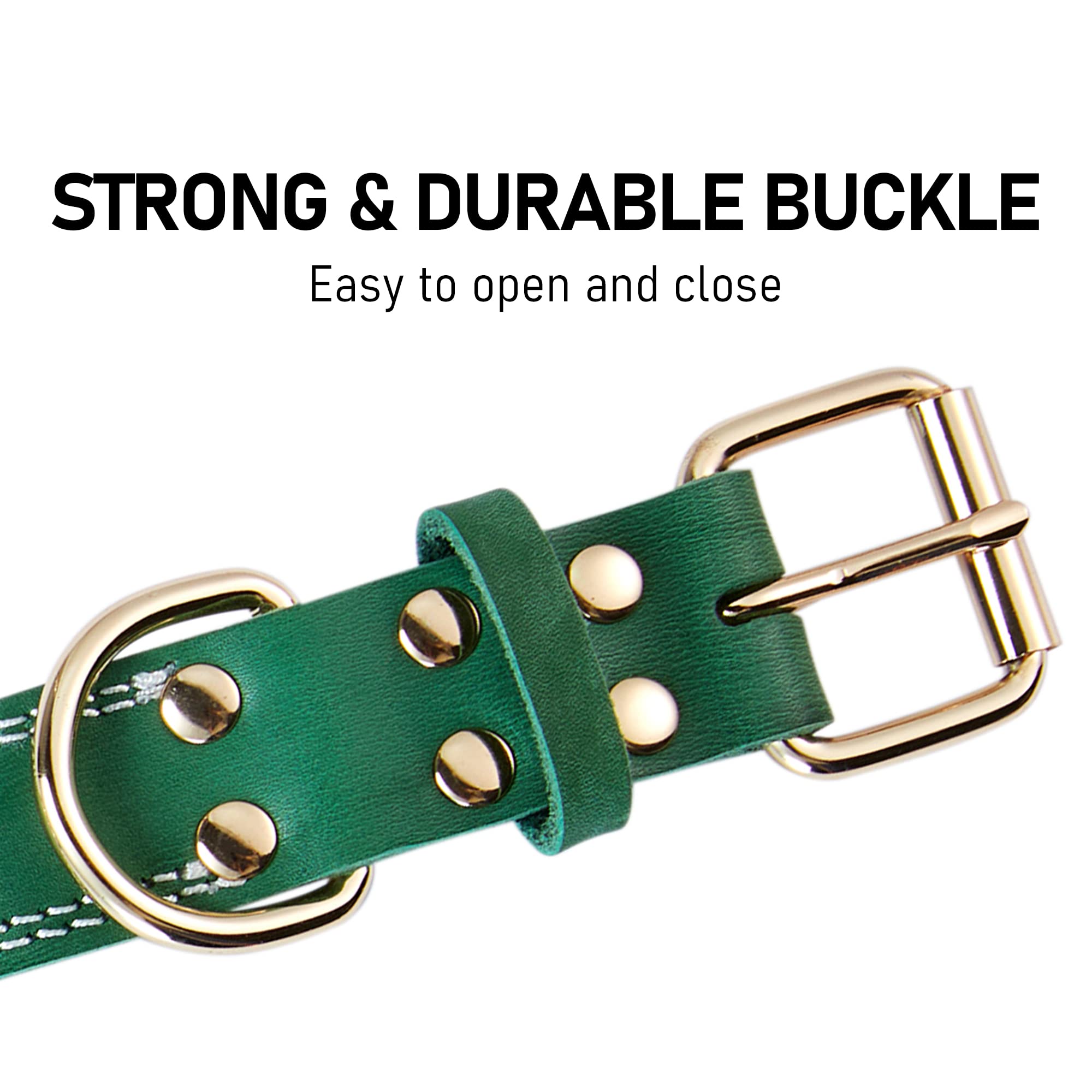 Daihaqiko Dog Collar, Genuine Leather Dog Collar, Heavy Duty Dog Collar, Wide Dog Collar For Small Dog, Medium Dog, Large Dog And Extra Large Dog (M: 1' Wide For 15.2'-19.2' Neck, Dual Stitch - Green)