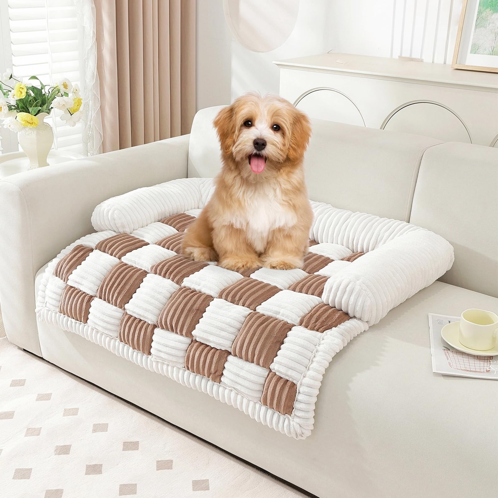 Medium Dog Bed For Couch, Washable Pet Bed Mat, Checkerboard Cozy Plush Sofa Mat, Pet Couch Cover Furniture Protector For Sofa, 