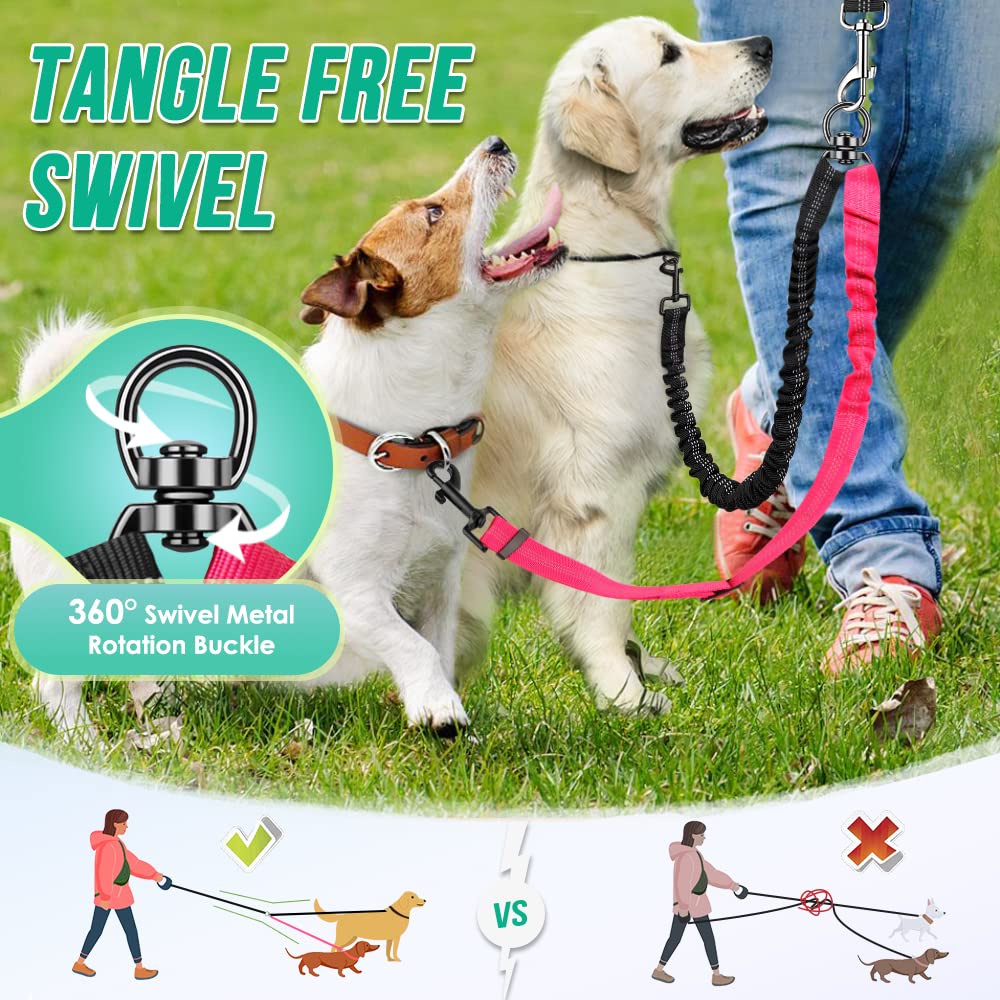 Autowt Two Dog Lead, 2 In 1 Upgraded Double Dog Leash Attachment Combine Adjustable Strap And Shock Absorbing Bungee No Tangle Dual Training Splitter For Different Size Dogs
