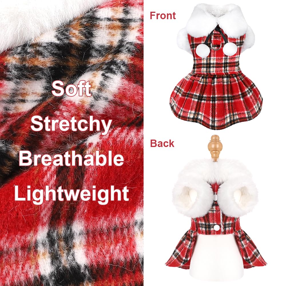 Dog Sweater With Leash Set D Ring Plaid Fleece Dog Clothes For Small Dogs Girl Boy Winter Pet Dress, Cold Weather Dog Coat Fall
