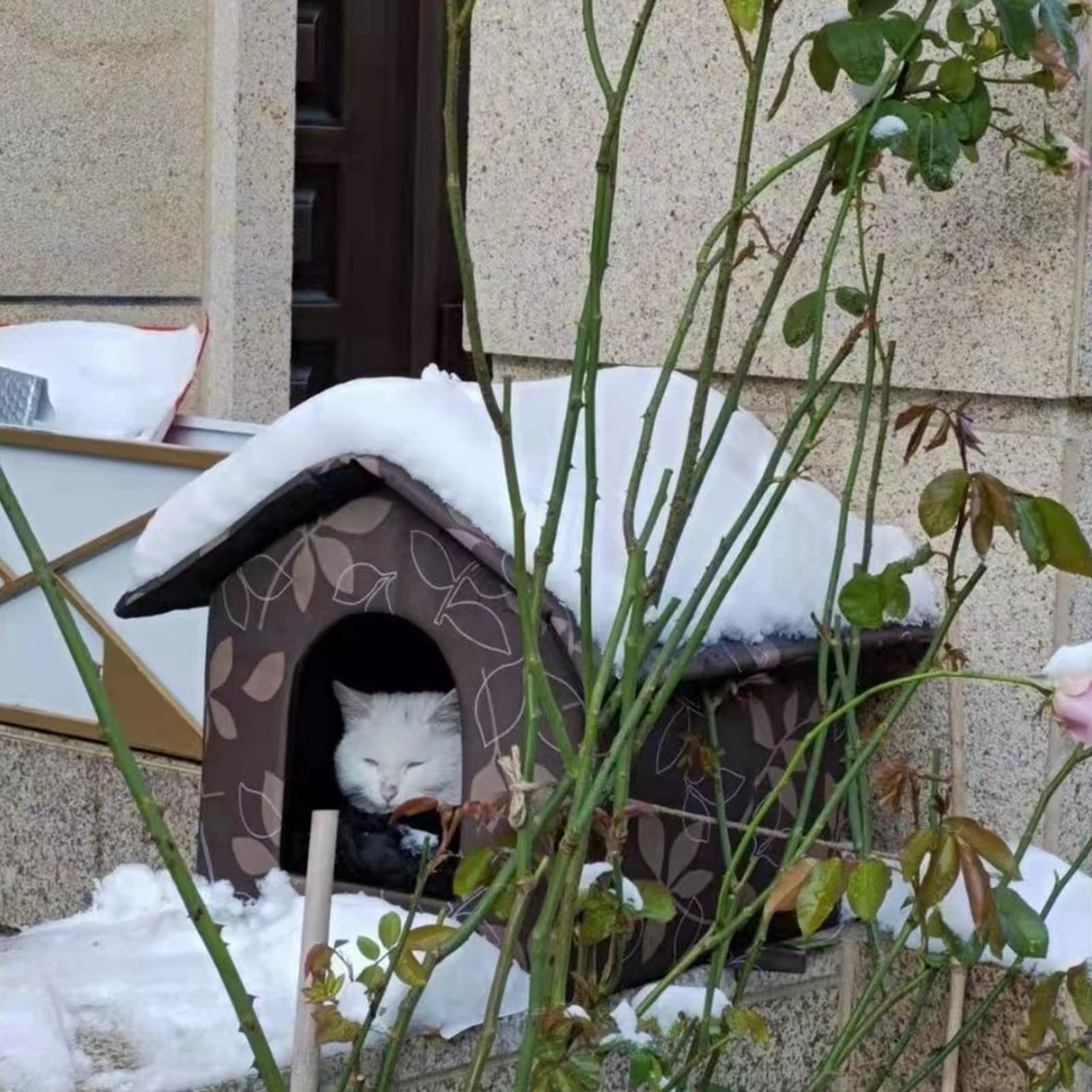 Outdoor Cat House, Feral Cat House With Transparent Curtain, Stray Cats Shelter (Shabby Chic, Medium-Houses)