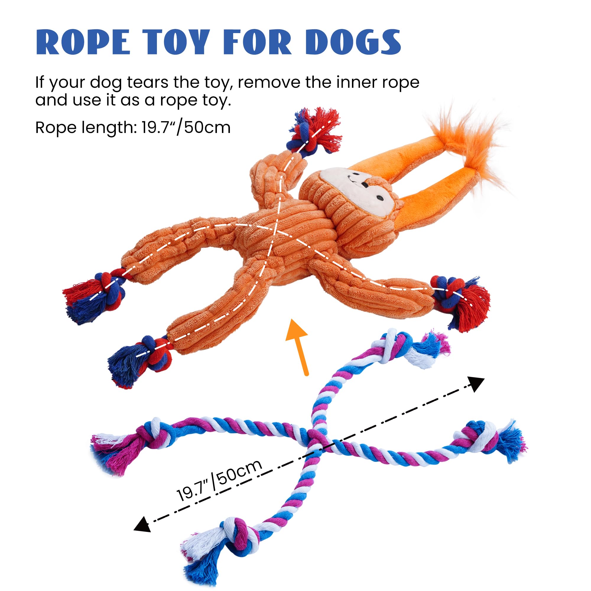 Nocciola Dog Plush Toys, 2 Pack Interactive Dog Toys To Keep Them Busy, Squeaky Dog Toys With Crinkle Paper, Rope Dog Chew Toys