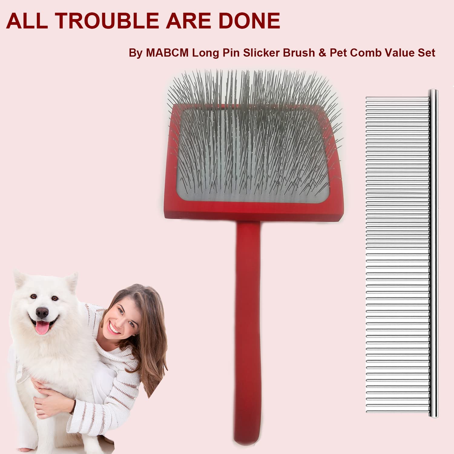 Large Ergonomic Slicker Brush For Dogs & Pets - Extra Long Pin Grooming Brush With Solid Wooden Handle For Poodles, Doodles, And