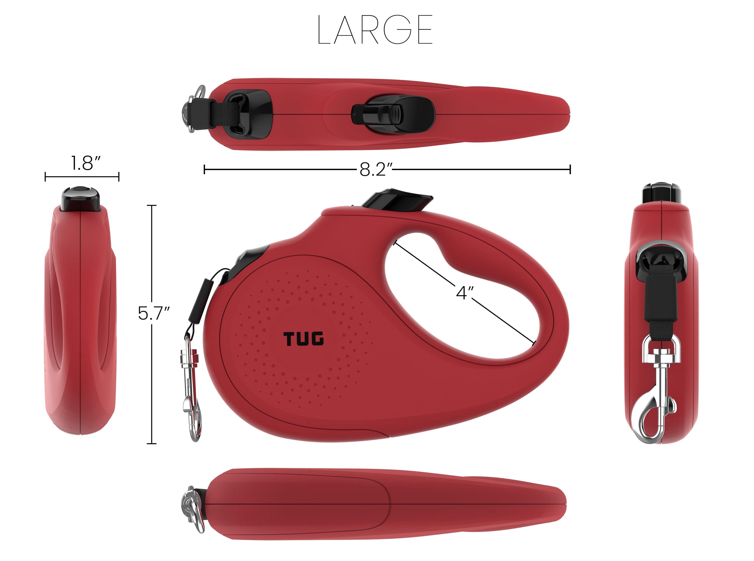 Tug Monochrome 360 Tangle-Free Retractable Dog Leash | 16 Ft Strong Nylon Tape (Large, Red)