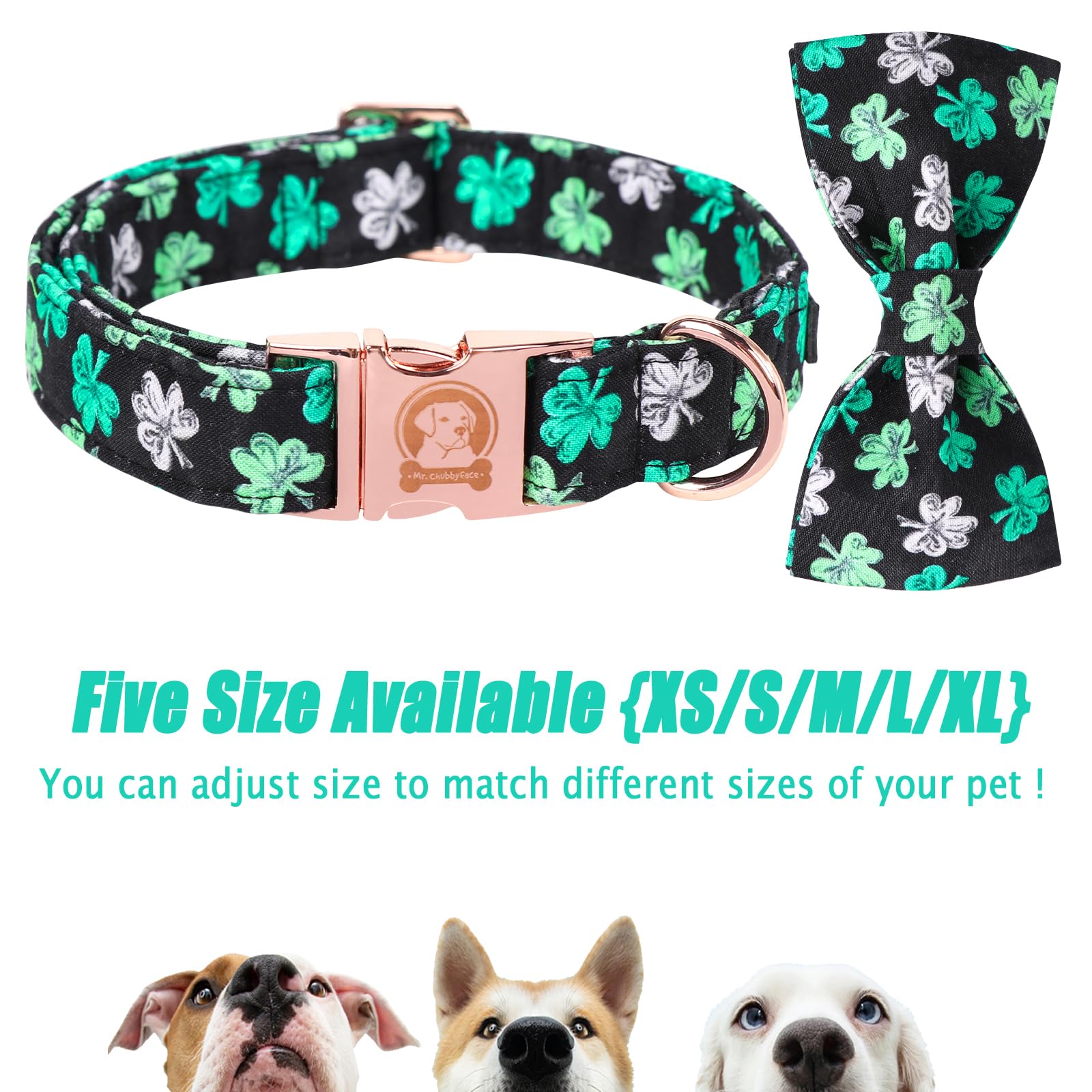 Mr. Chubbyface St.Patrick'S Clover Dog Collar With Bowtie, White Green Clovers Shamrock Dog Collar With Metal Buckle, Soft Adjus