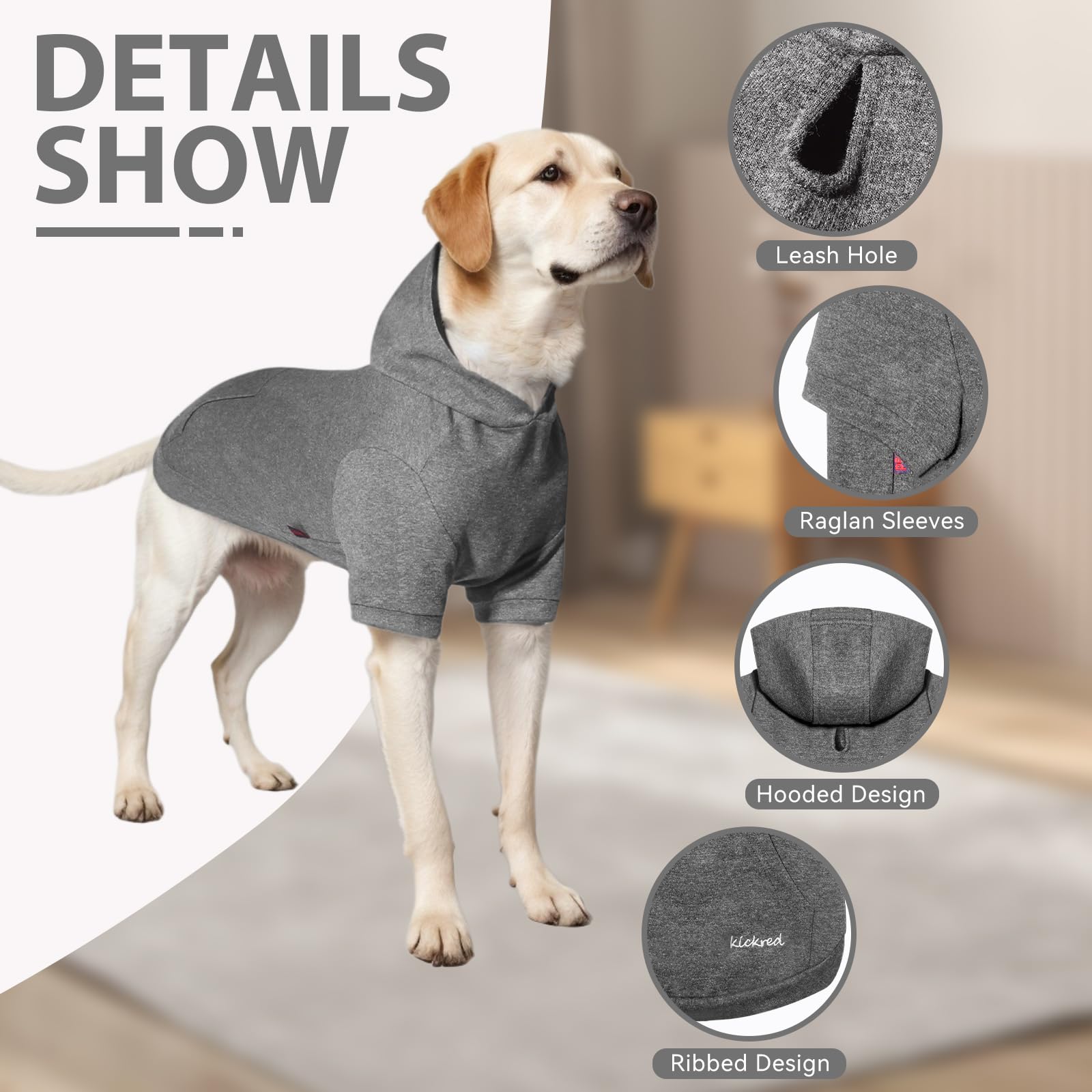 Kickred Basic Dog Hoodie Sweatshirts, Pet Clothes Hoodies Sweater With Hat And Leash Hole, Soft Cotton Outfit Coat For Large Medium Small Dogs, L