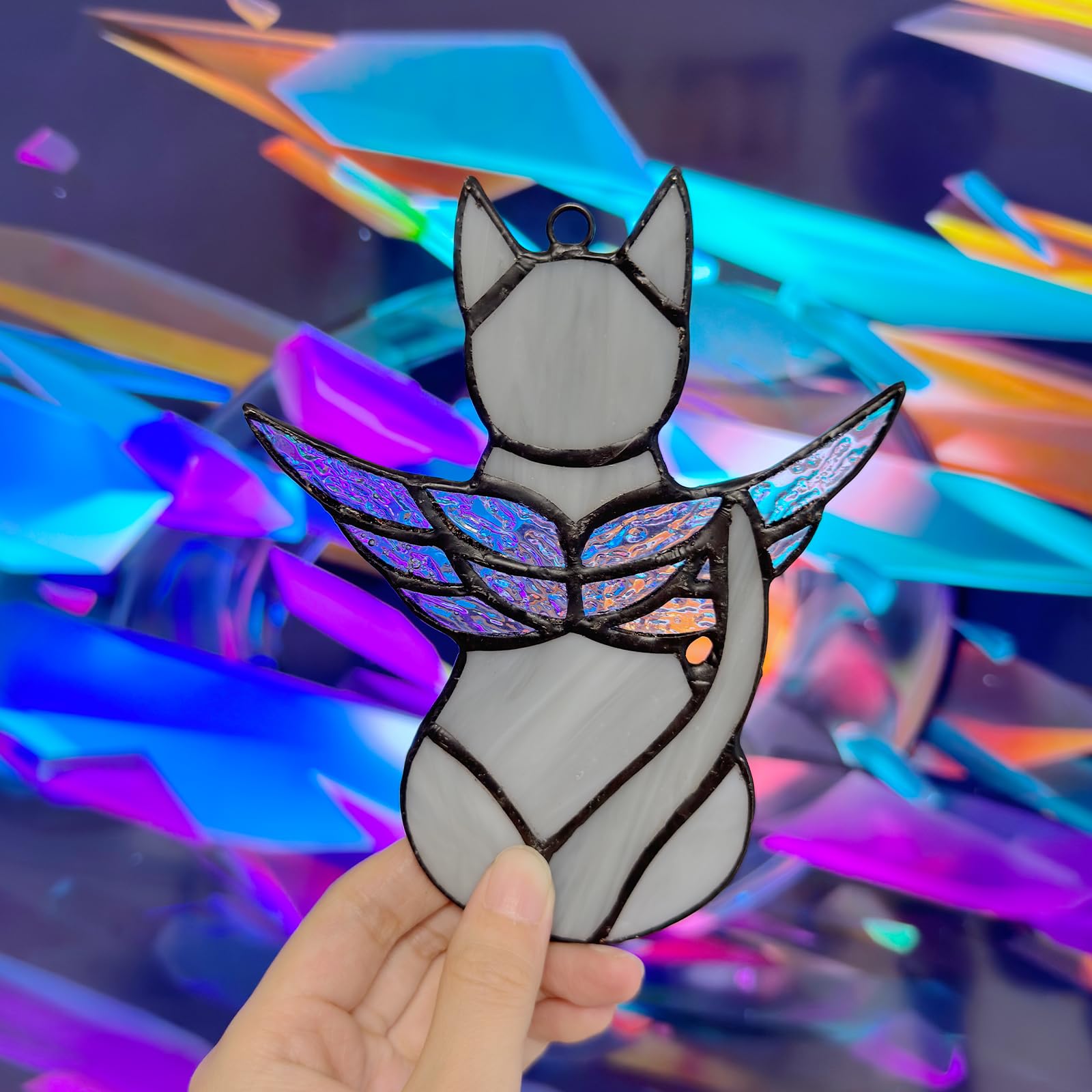 Fluffycaptain Handcrafted Stained Glass Grey Angel Cat Suncatcher - Pet Memorial Gift With Colorful Wings, Cat Lovers Sympathy G
