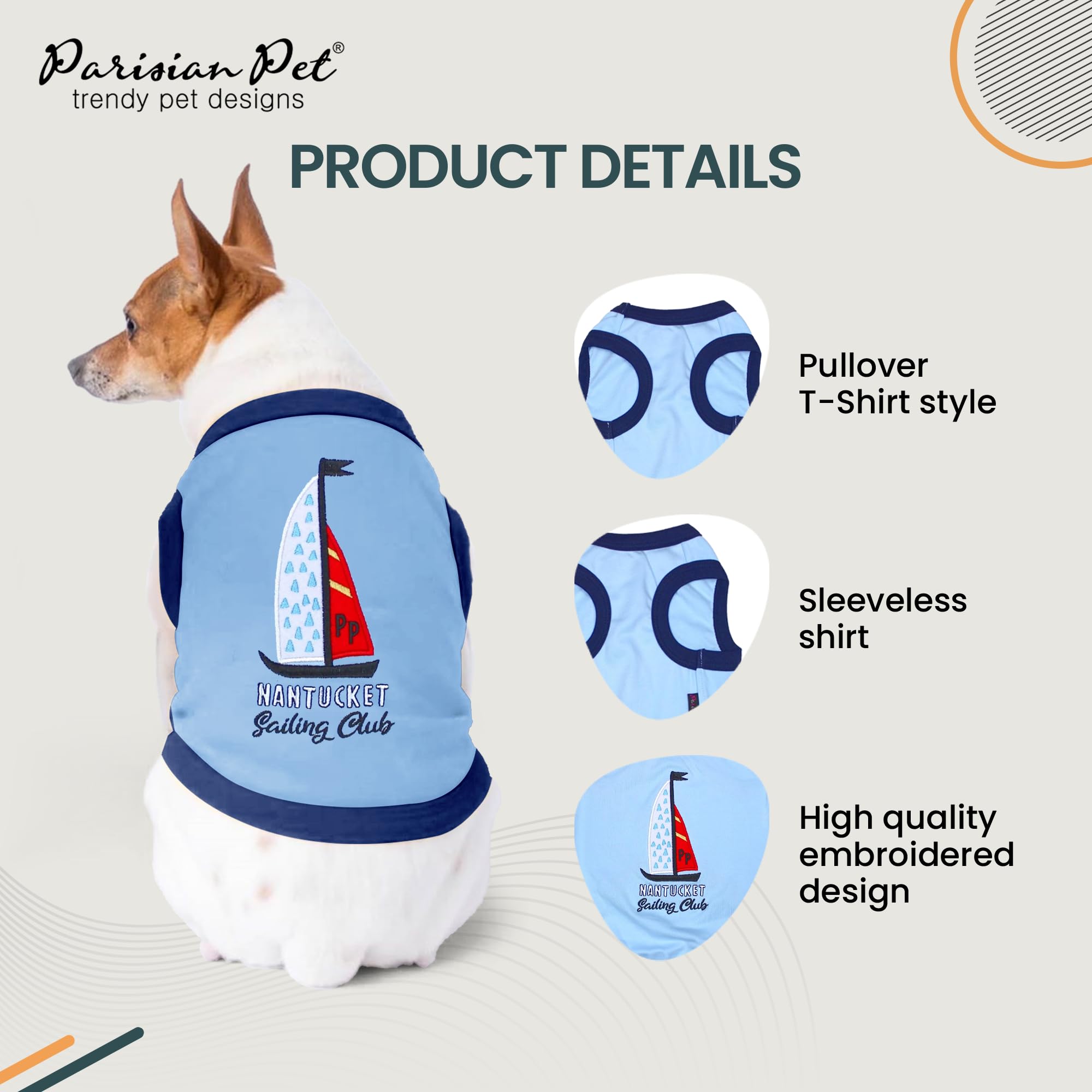 Parisian Pet Dog Tshirt - Embroidered Sailing Club Lightweight Tank Top - 100% Cotton Dog Summer Clothes - Sleeveless Tee Shirts