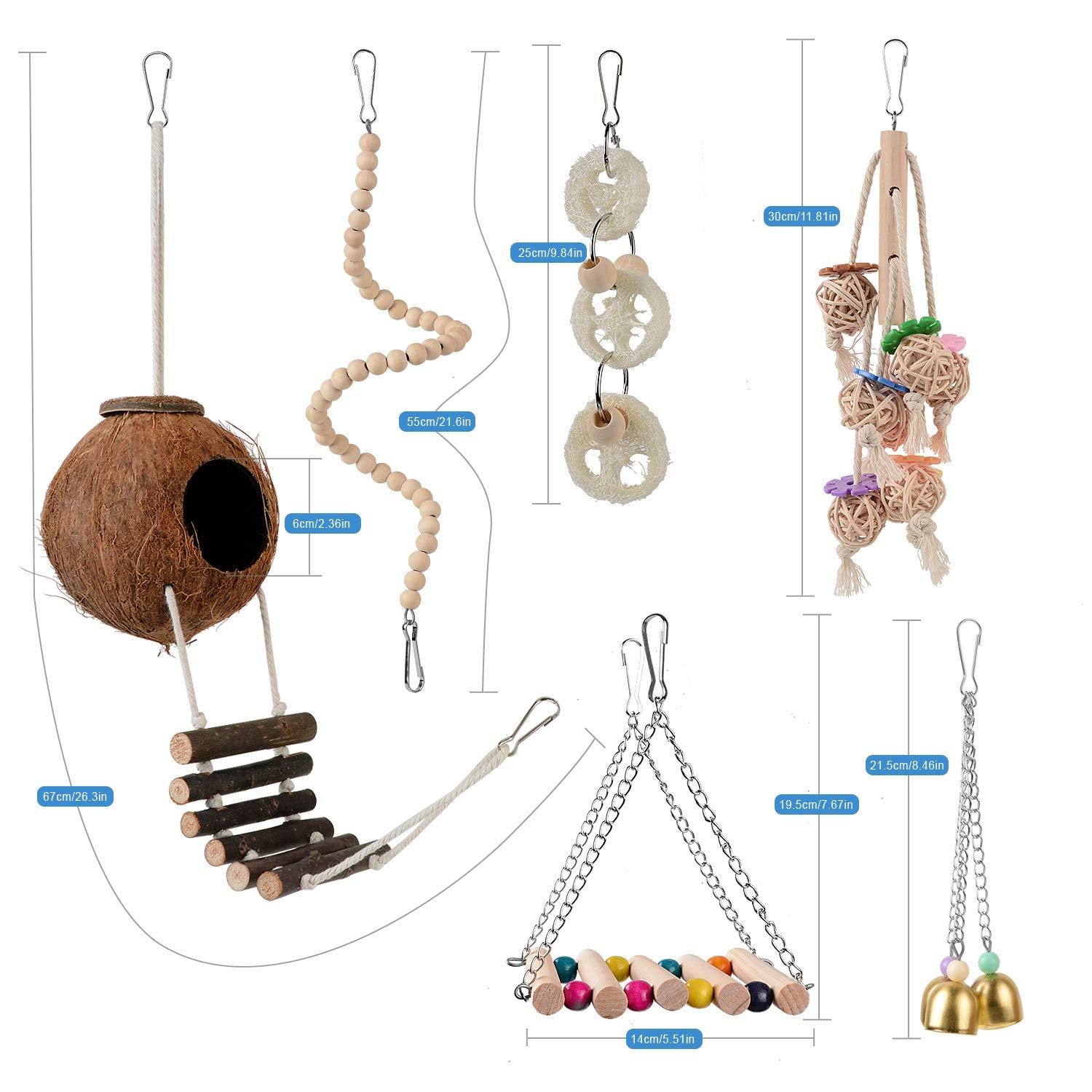 Bird Parakeet Toy Bird Cage Hammock Bird Perch Natural Coconut Hideaway With Ladder Swing Chewing Hanging Bell Toy With Mirror For Parrots,Parakeet,Conure,Cockatiel,Budgerigar,Love Birds,Mynah,Finches