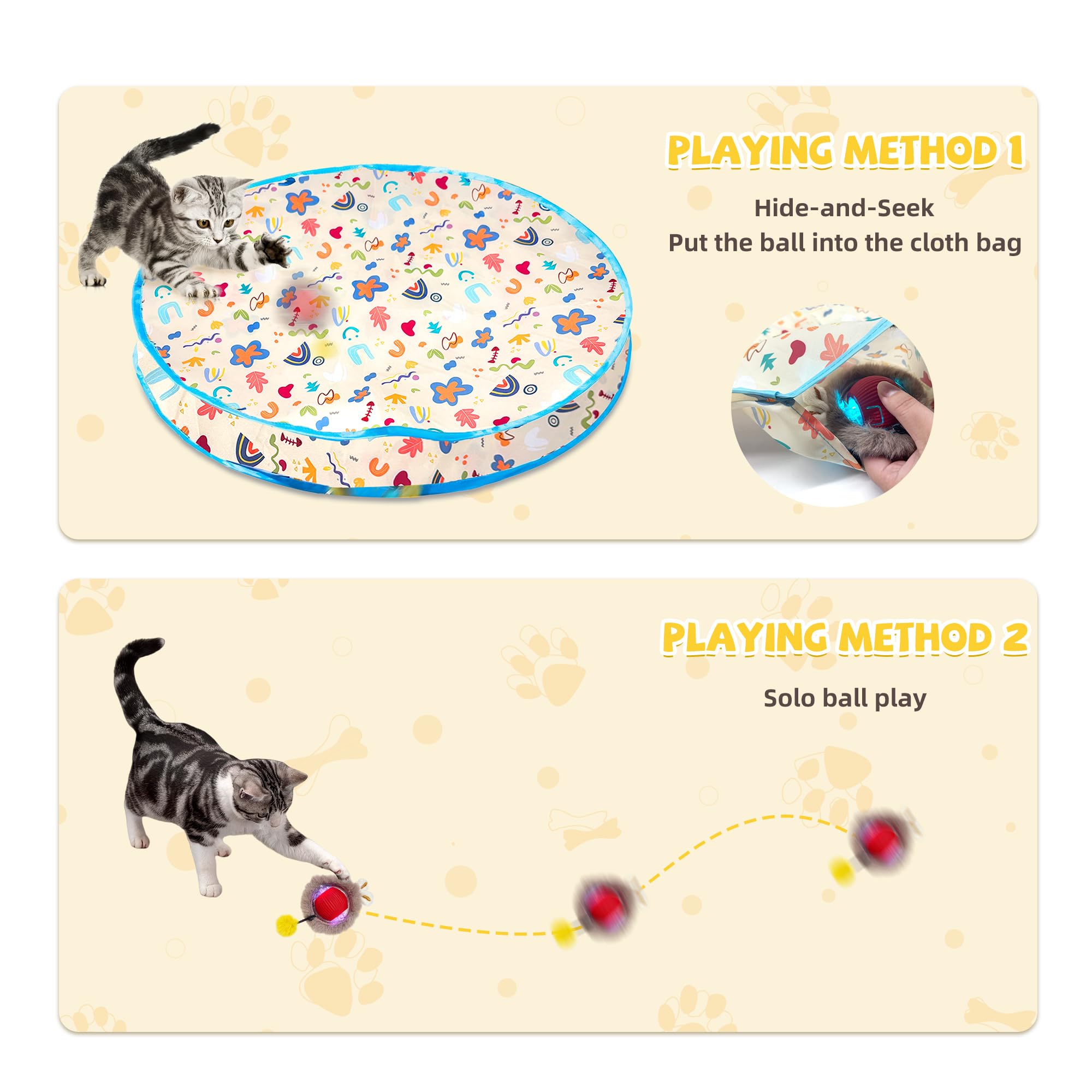 GRETMIX Interactive Cat Toys Ball, Fast Rolling in Pouch, Automatic Motion Activated Ball Hide and Seek for Kitten Indoor Toys,