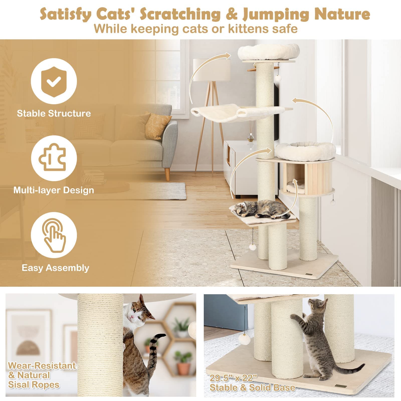 Tangkula Modern Cat Tree, Multi-Level Large Cat Tower W/Cat Condo, Hammocks & Hanging Basket, Tall Cat Tree W/Sisal Posts, Washable Cushions, Wood Cat Trees And Towers For Indoor Large Cats