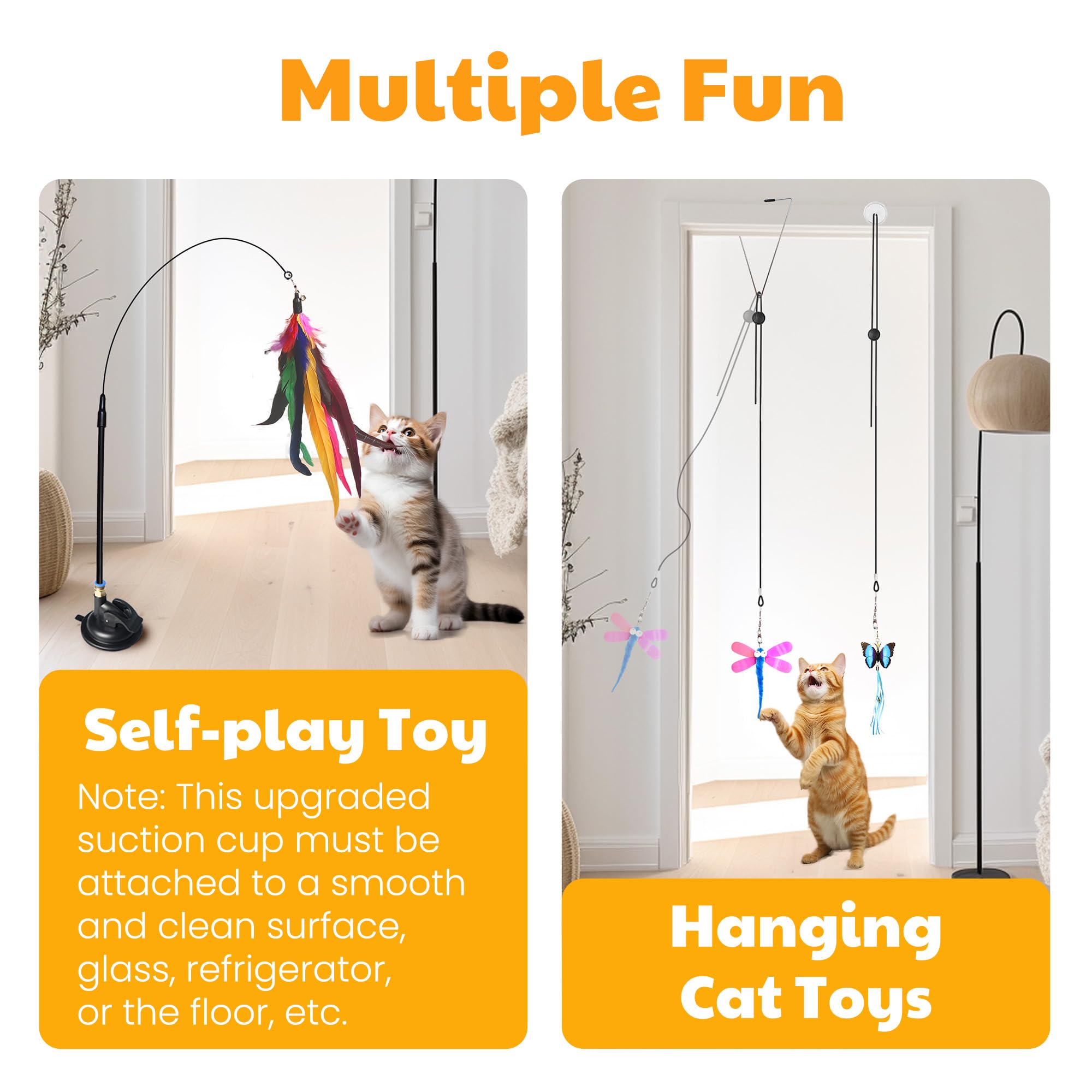 Fokauiwo 4-in-1 Interactive Cat Toys Set with 12 Pcs Replacements for Indoor Cats (Includes 1 Huge Feather)- Cat Fishing Pole To