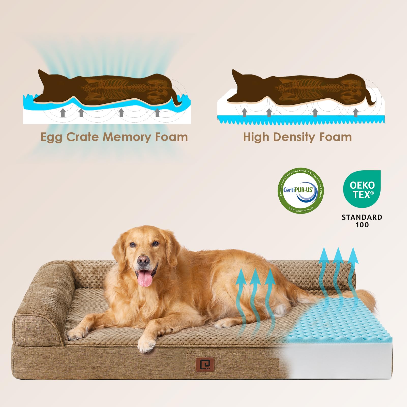 Eheyciga Memory Foam Orthopedic Xl Dog Bed, Washable Dog Bed With Waterproof Lining Removable Cover, Extra Large Dog Bed Sofa With Nonskid Bottom Xlarge Pet Couch Bed, 44X32 Inches, Camel