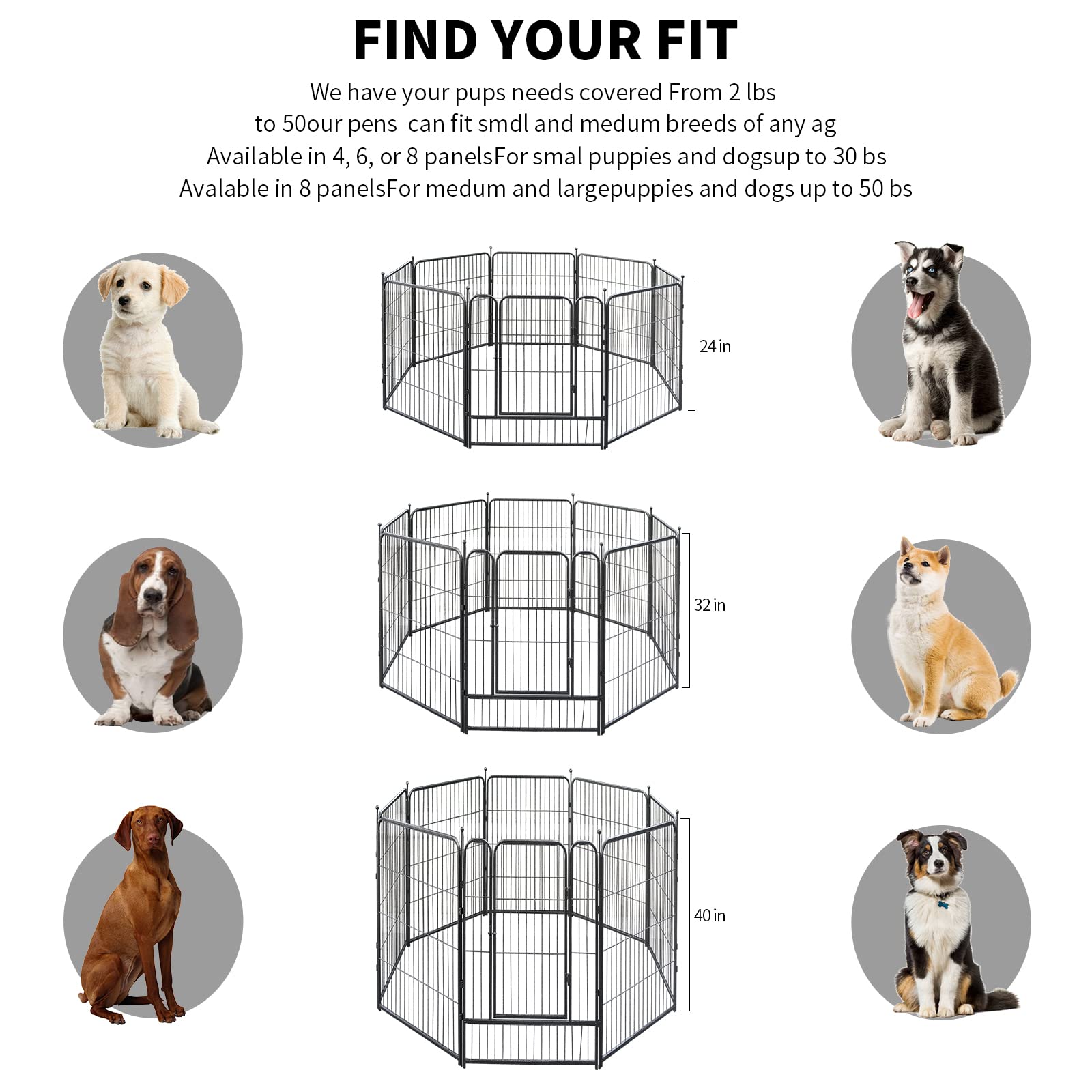 Dog Playpen,24/32/40 Inch Height In Heavy Duty,Folding Indoor Outdoor Dog Exercise Fence, Portable Pet Playpen With Door For Large Medium Dogs - Silver Gray (8 Panels, 32 Inch)