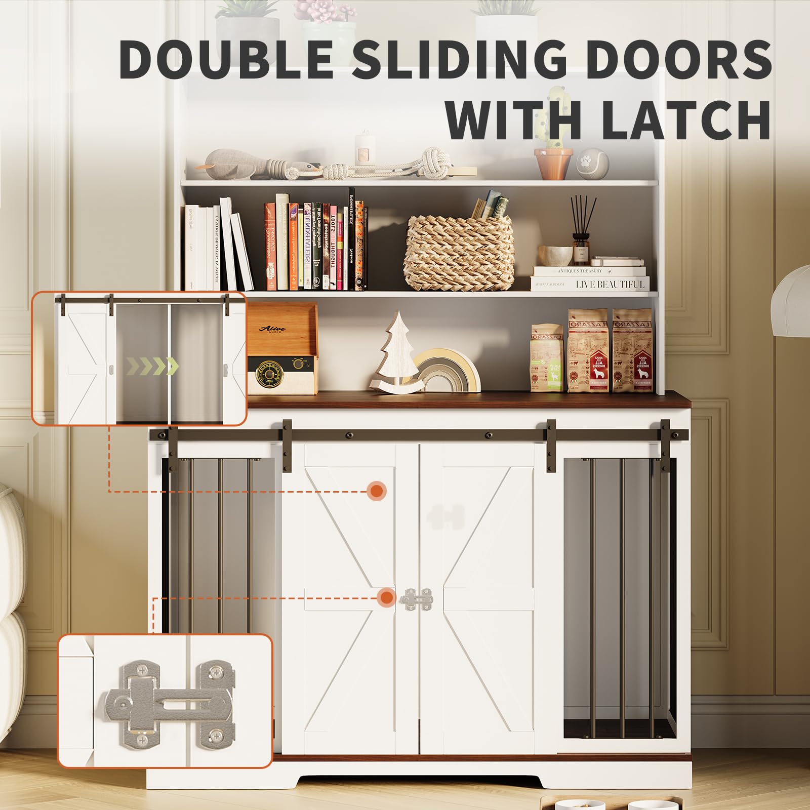 Dog Crate Furniture for 2 Dogs with Storage Shelves, 48 L x 23 W x 63 H Wooden Dog Crate with Double Doors, Heavy Sturdy Dog Ken