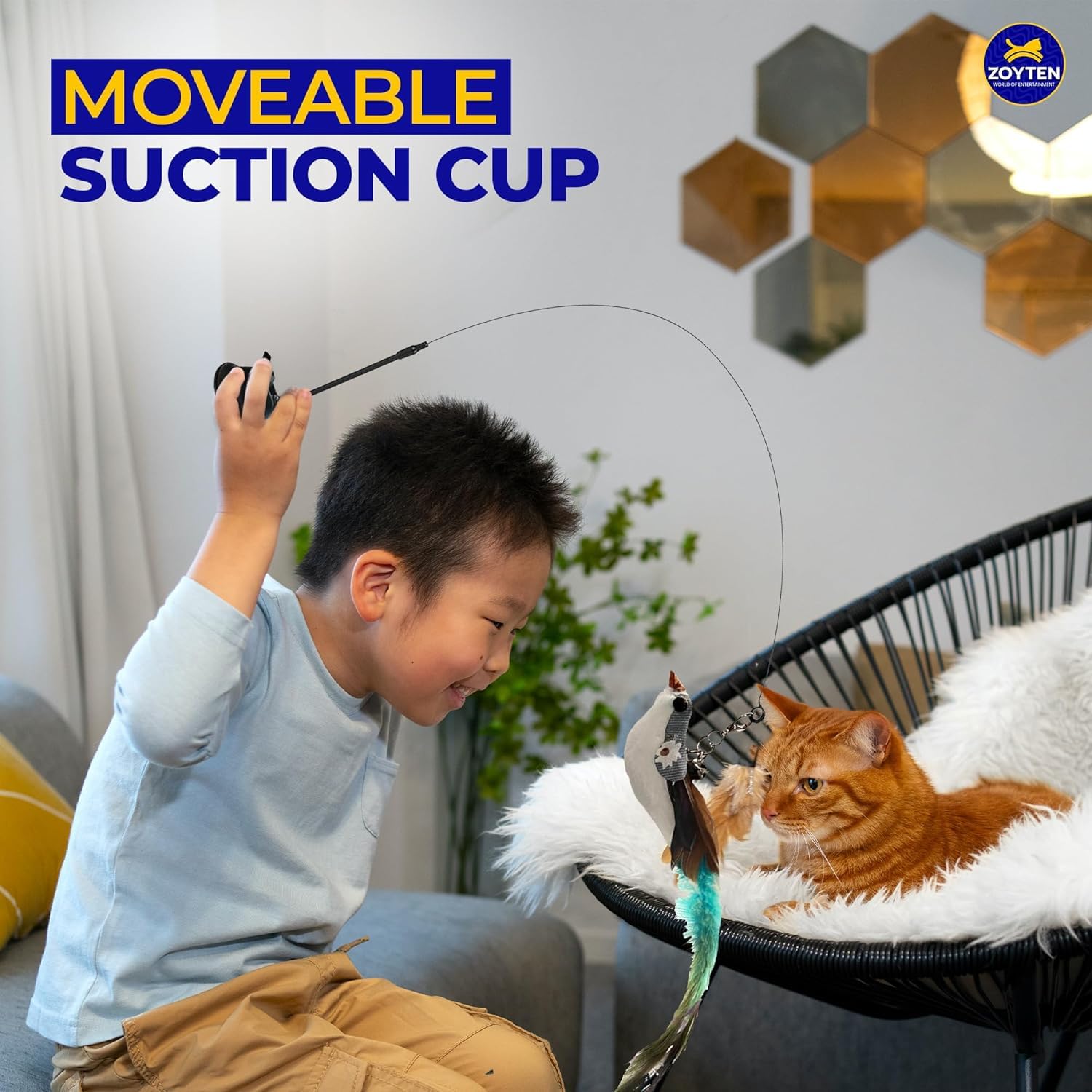 Zoyten 10Pcs Wand Toy Set - Interactive Teaser With Feather Refills, Suction Cup & Fishing Pole, Retractable Toy For Indoor Cats