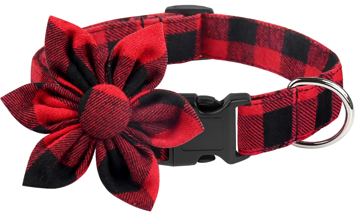 Malier Christmas Dog Collar With Bow Tie, Classic Buffalo Plaid Dog Collar With Buckle Adjustable Collar For Small Medium Large Dogs Puppy (M, Red & Black Plaid)