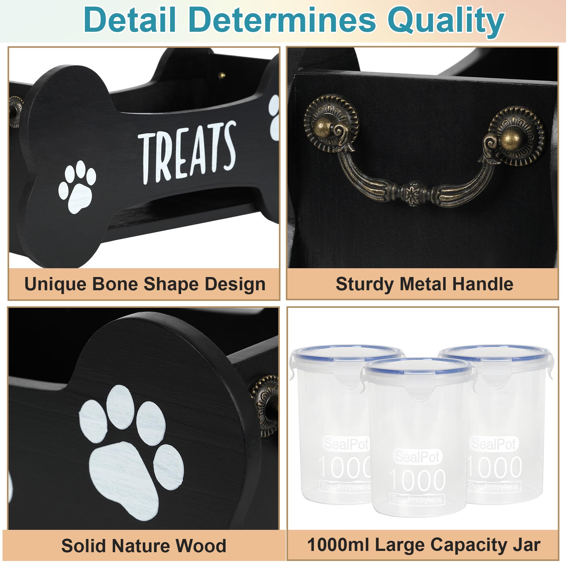 WGFKVAS Dog Treat Container - Wooden Food Storage with 3 Jars, Black, Model GJZ-01, Perfect Gift for Dog Owners