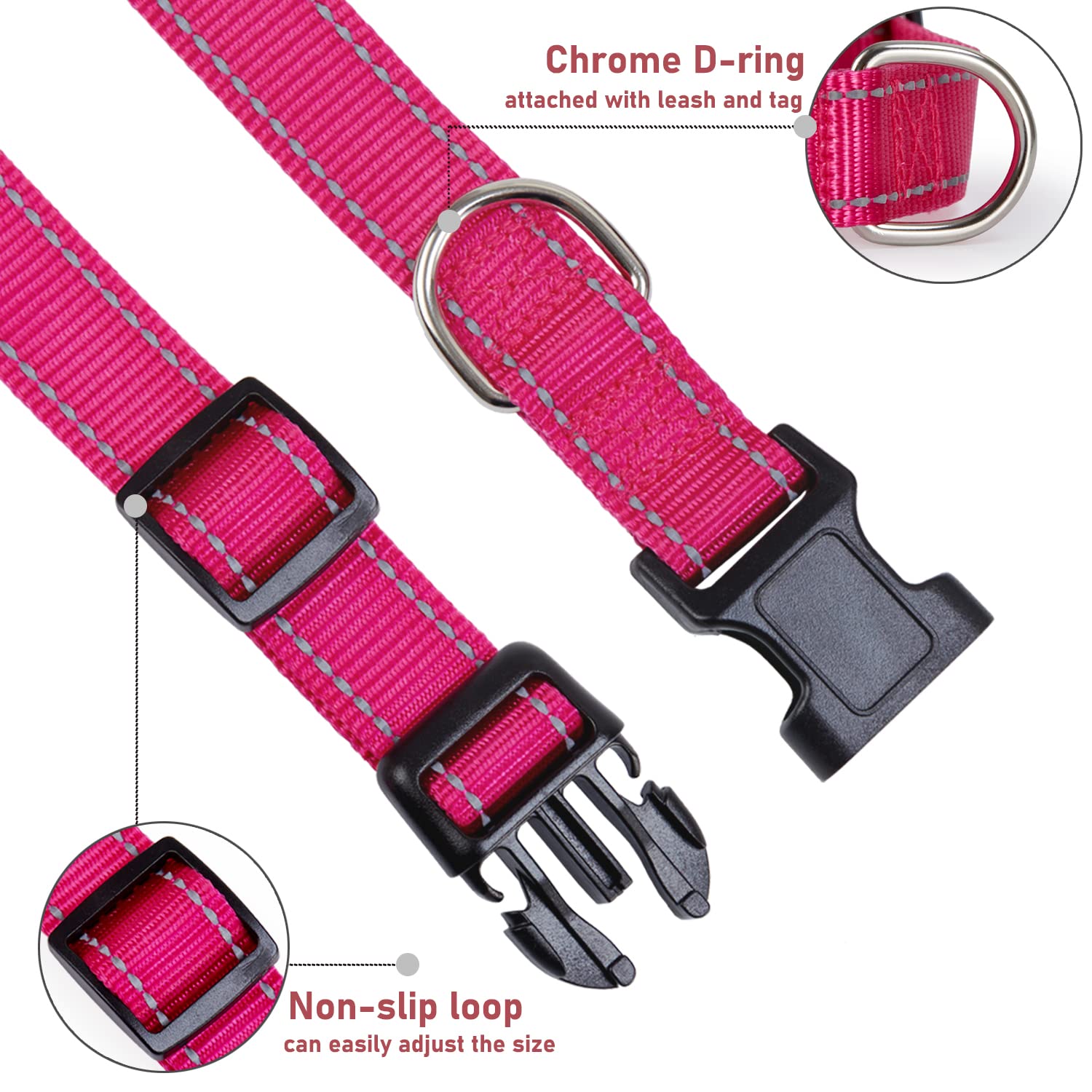 Reflective Dog Collar With Buckle Adjustable Safety Nylon Collars For Small Medium Large Dogs, Pink Xl
