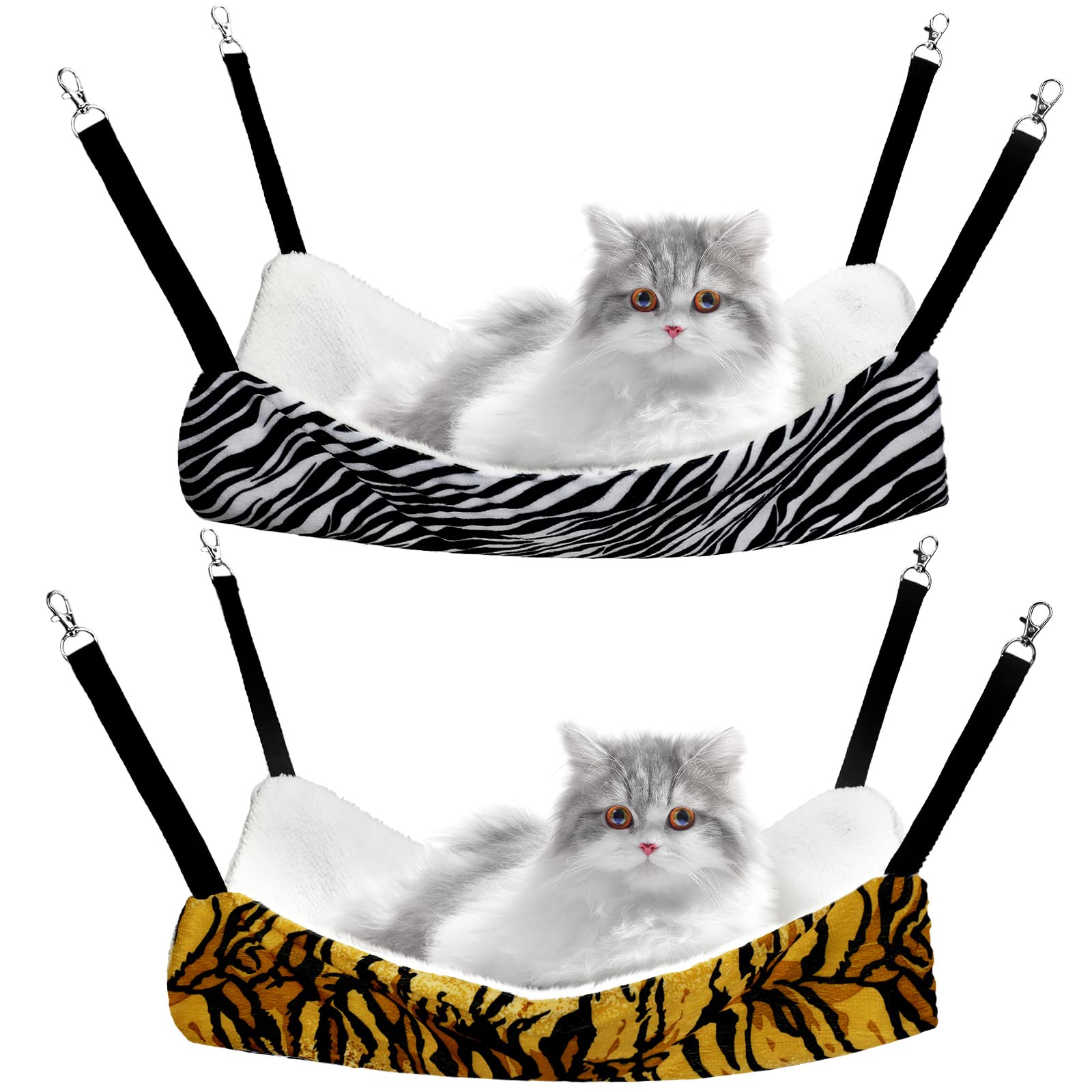 2 Pieces Reversible Cat Hanging Hammock Soft Breathable Pet Cage Hammock With Adjustable Straps And Metal Hooks Double-Sided Hanging Bed For Cats Small Dogs Rabbits (Zebra, Tiger Stripes, L)