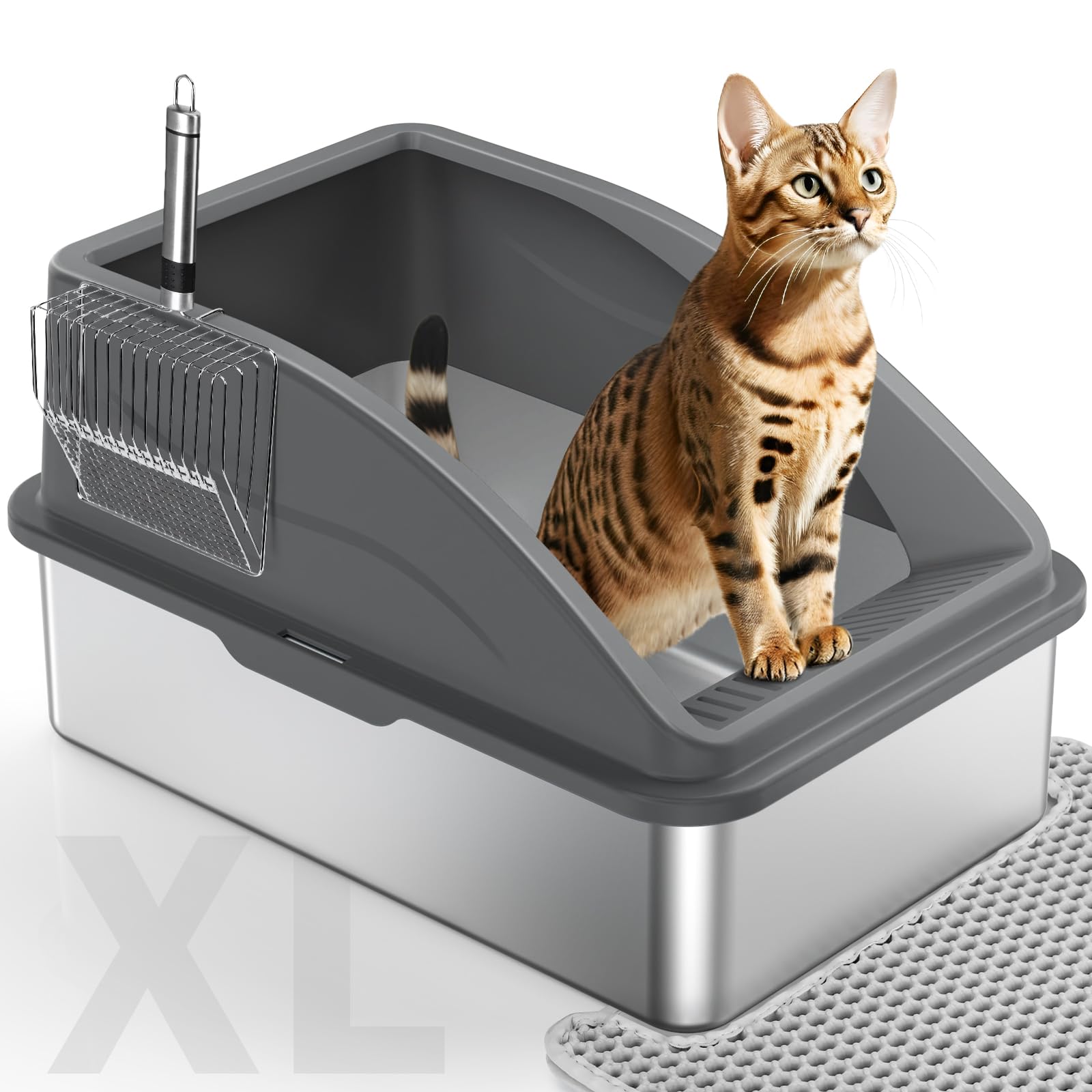 Stainless Steel Cat Litter Box, Extra Large Litter Boxes for Big Cats, Anti-Urine Leakage XL Box with High Sides, XLarge Metal L