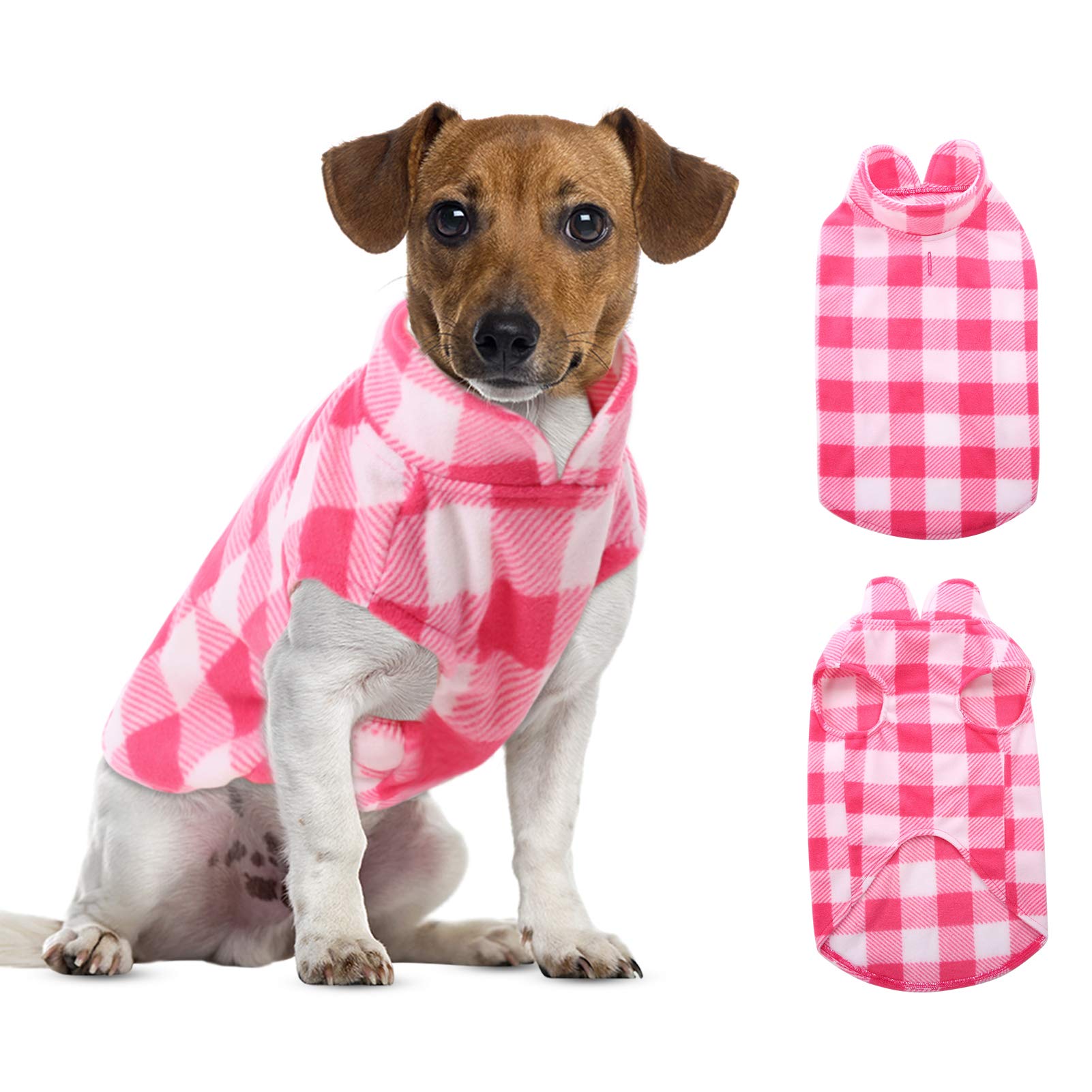 Asenku Plaid Dog Fleece Vest, Soft Comfortable Pet Pajamas, Warm Winter Dog Shirt, Cold Weather Coat Jacket - Pink, Xs
