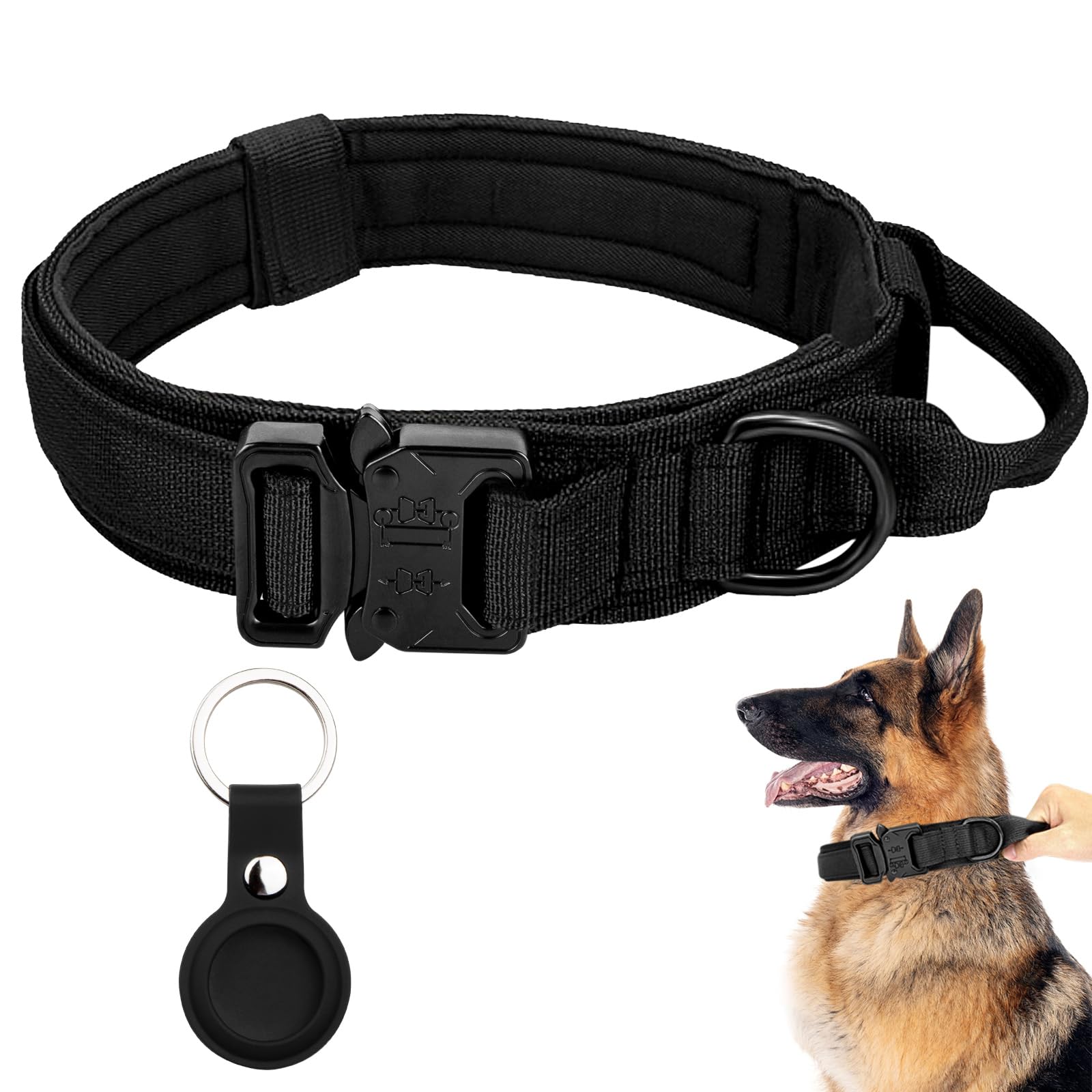 Tactical Military Dog Collar - Adjustable Nylon With Control Handle, Heavy Duty Metal Buckle - Medium & Large Dogs, Airtag Case 