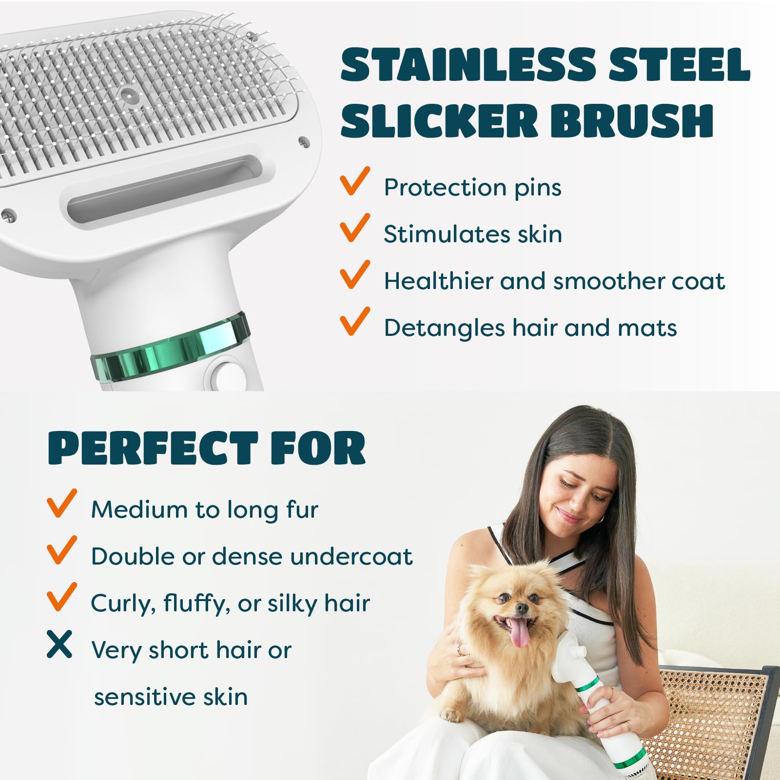 Dog Hair Dryer For Dogs & Cats | Portable And Quiet 2 In 1 Pet Hair Dryer With Self Cleaning Slicker Brush | Cat & Dog Blower Grooming Dryer | Professional Pet Blow Dryer | Adjustable Temperature