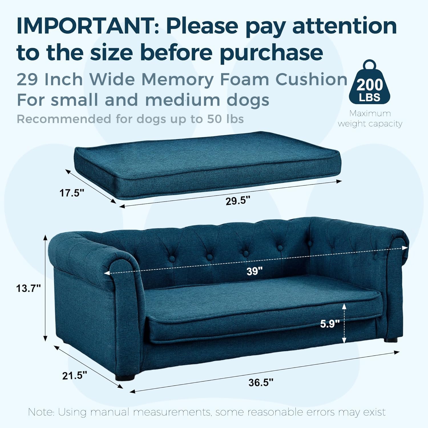 Wcfi 39 Dog Couch Bed With Legs, Durable Elevated Pet Couch With 29 W Memory Foam, Dry Cleanable Fabric, Dog Sofa Bed For La
