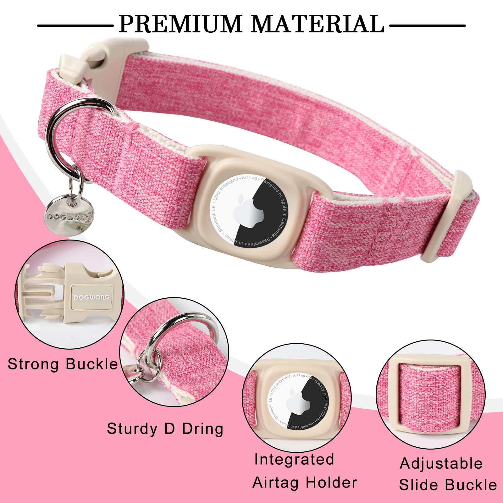 Dogwong Airtag Cotton Hemp Dog Collar, Heavy-Duty Dog Collar With Airtag Holder Pink Natural Fabric Pet Dog Collar Cute Puppy Ne
