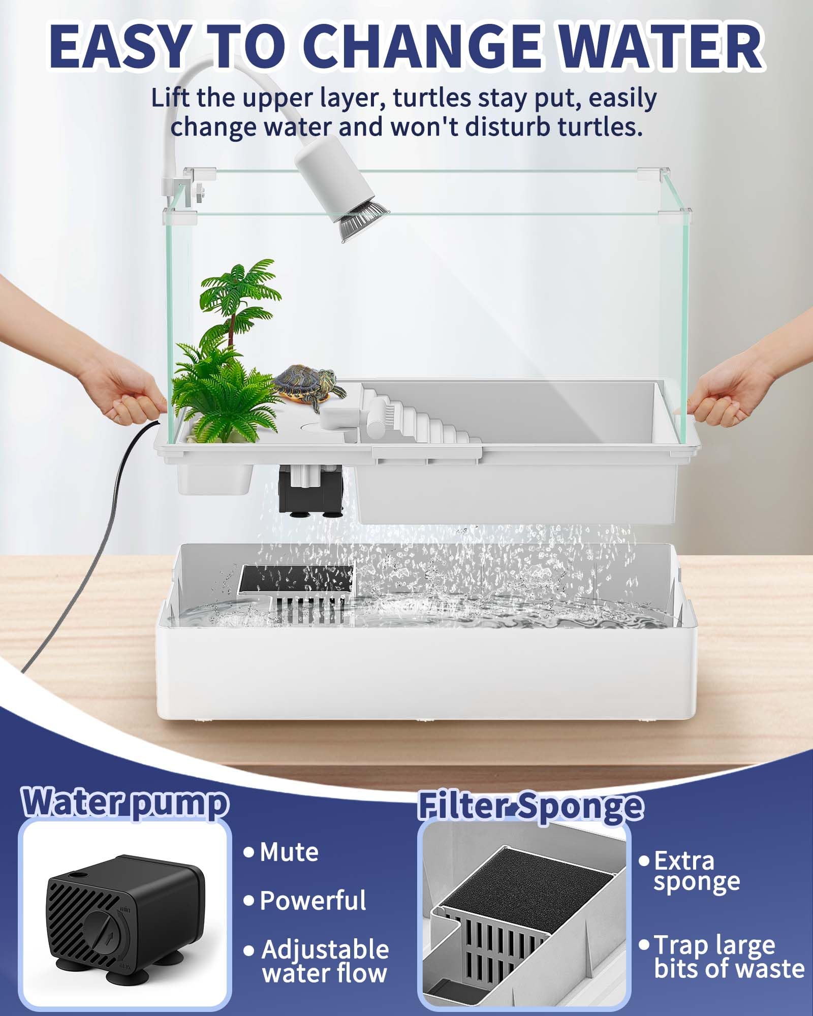 Moonorange Large Turtle Tank Kit(Tank + Light + Water Pump), Acrylic Turtle Tank Starter Kit With Upgrade Rain Shower Head, Adju