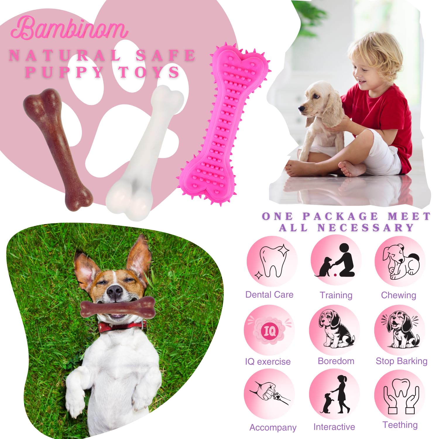 Bambinom Durable Dog Bone Chew Toy For Small Breeds, Squeaky, Puppy Chew Bone, Supports Dental Health & Teething Relief, 4.5   ,