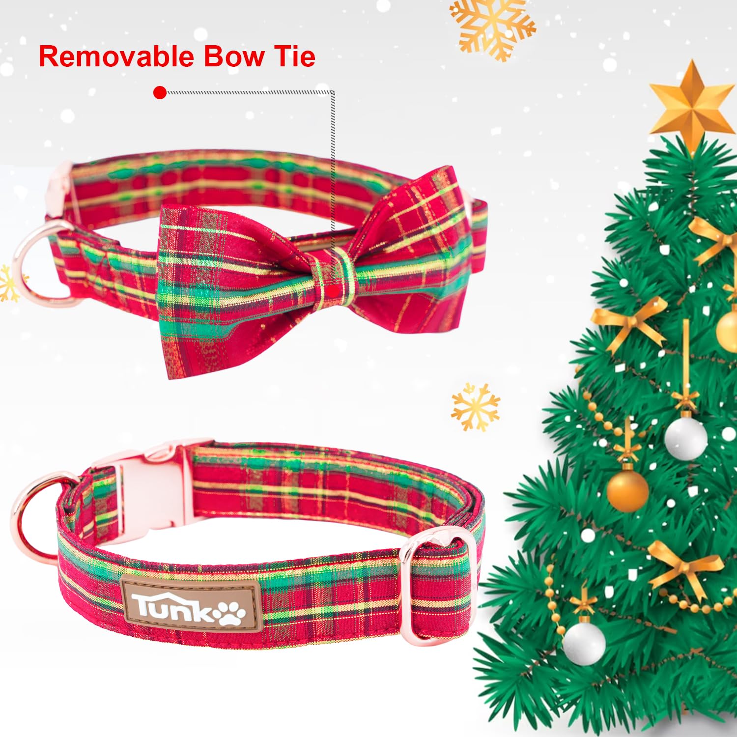 Tunkoo Dog Collar Christmas Shiny Plaid With Bow Tie, Rose Gold Metal Buckle Durable Adjustable Dog Collars - For Small Medium L