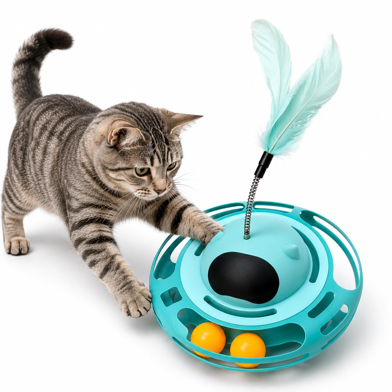 Interactive Cat Tumbler Toy With Feather Teaser & Rolling Balls, SelfBalancing Cat For Indoor Cats, Kitten Exercise Mental Stim
