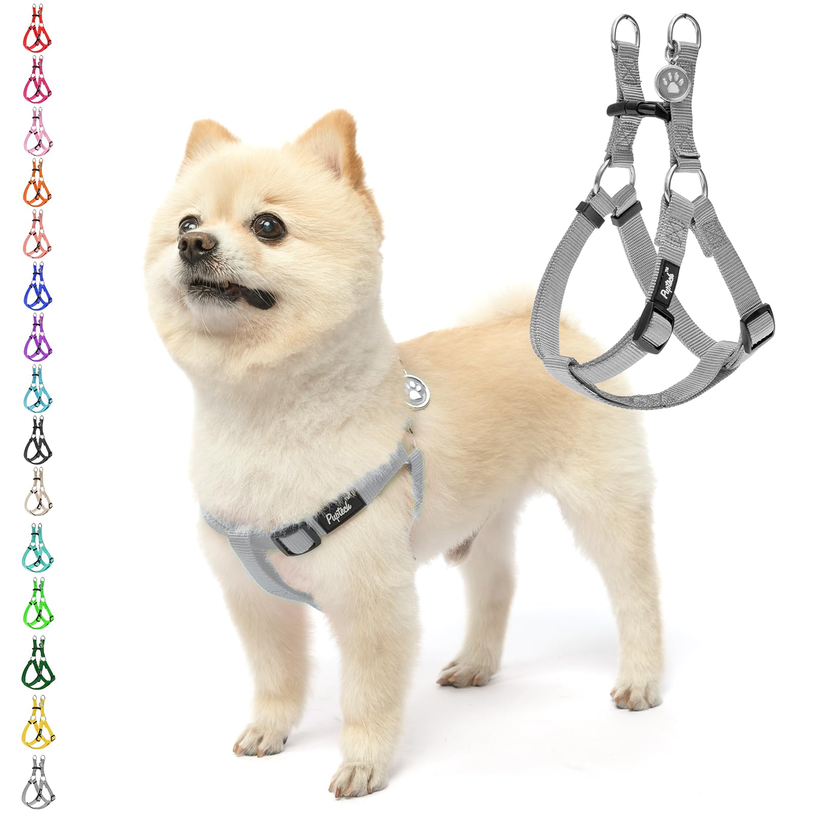 Pupteck No Pull Dog Harness Soft Adjustable Basic Nylon Step In Puppy Vest Outdoor Walking With Id Tag, Grey, Xs