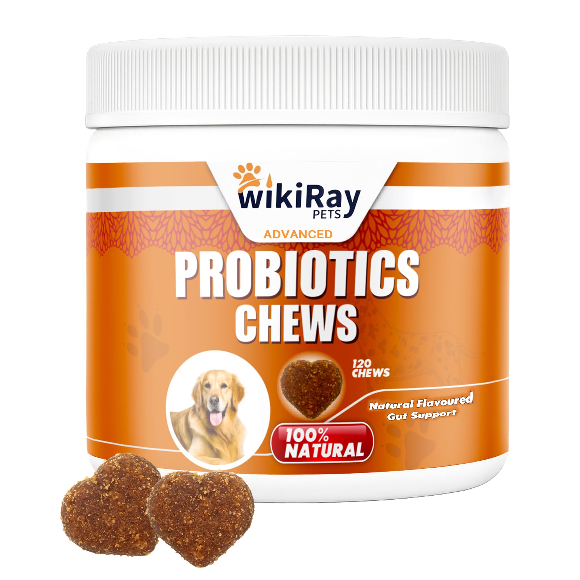 wikiRay Probiotics for Dogs - Soft Chews for Digestive Health & Immunity | 120 Chews | 3 Billion CFU, Pumpkin, Enzymes, Vitamins