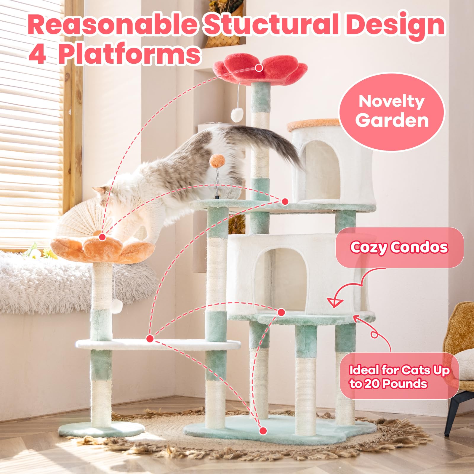 Hyabi 56.3In Flower Design Cat Tree, Foldable Multi-Level Tower For Large Cats, Space-Saving Cat Furniture With Scratching Posts