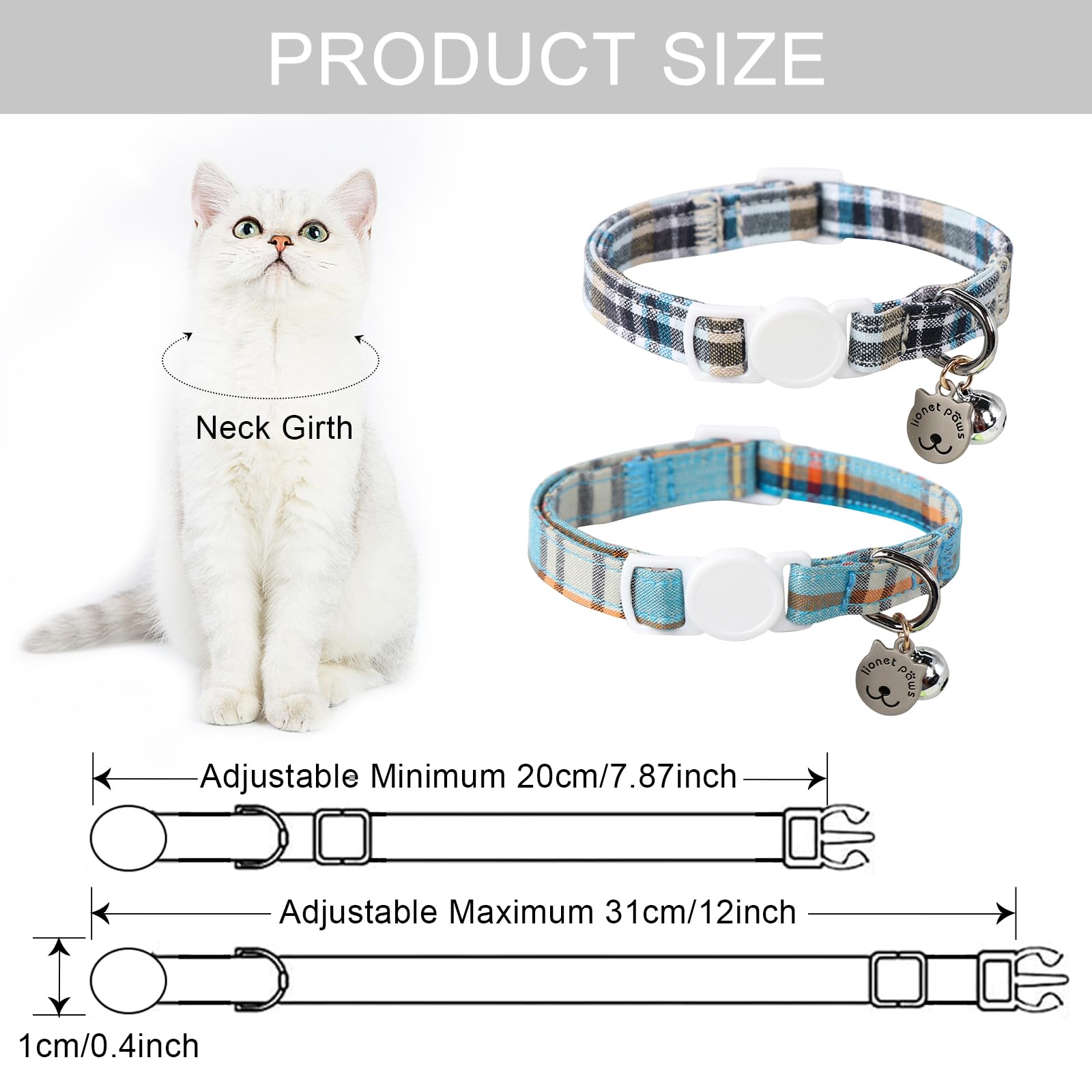 Lionet Paws 2Pcs Pack Cotton Cat Collar,Breakaway Buckle With Blue Grid And Brand Pendant Cute Adjustable Cat Kitten Collar,Idea