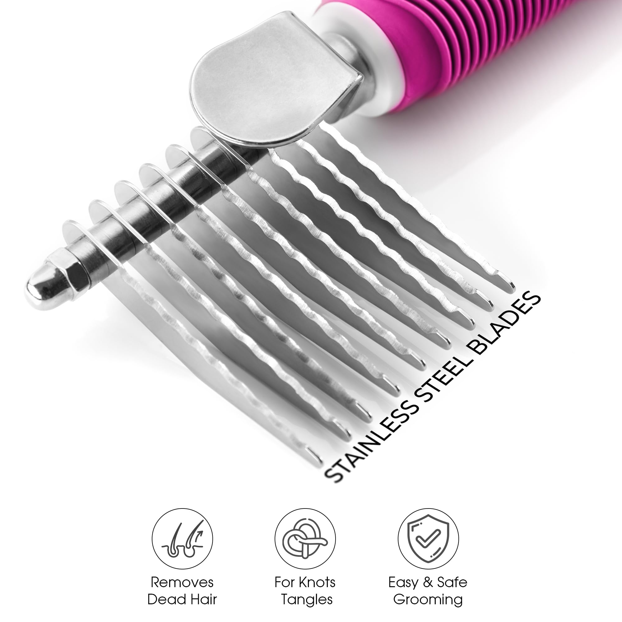Poodle Pet Dematting Fur Rake Comb Brush Tool - Dog And Cat Comb With Long 2.5 Inches Steel Safety Blades For Detangling Matted Or Knotted Undercoat Hair (Pink, Dematting Comb)
