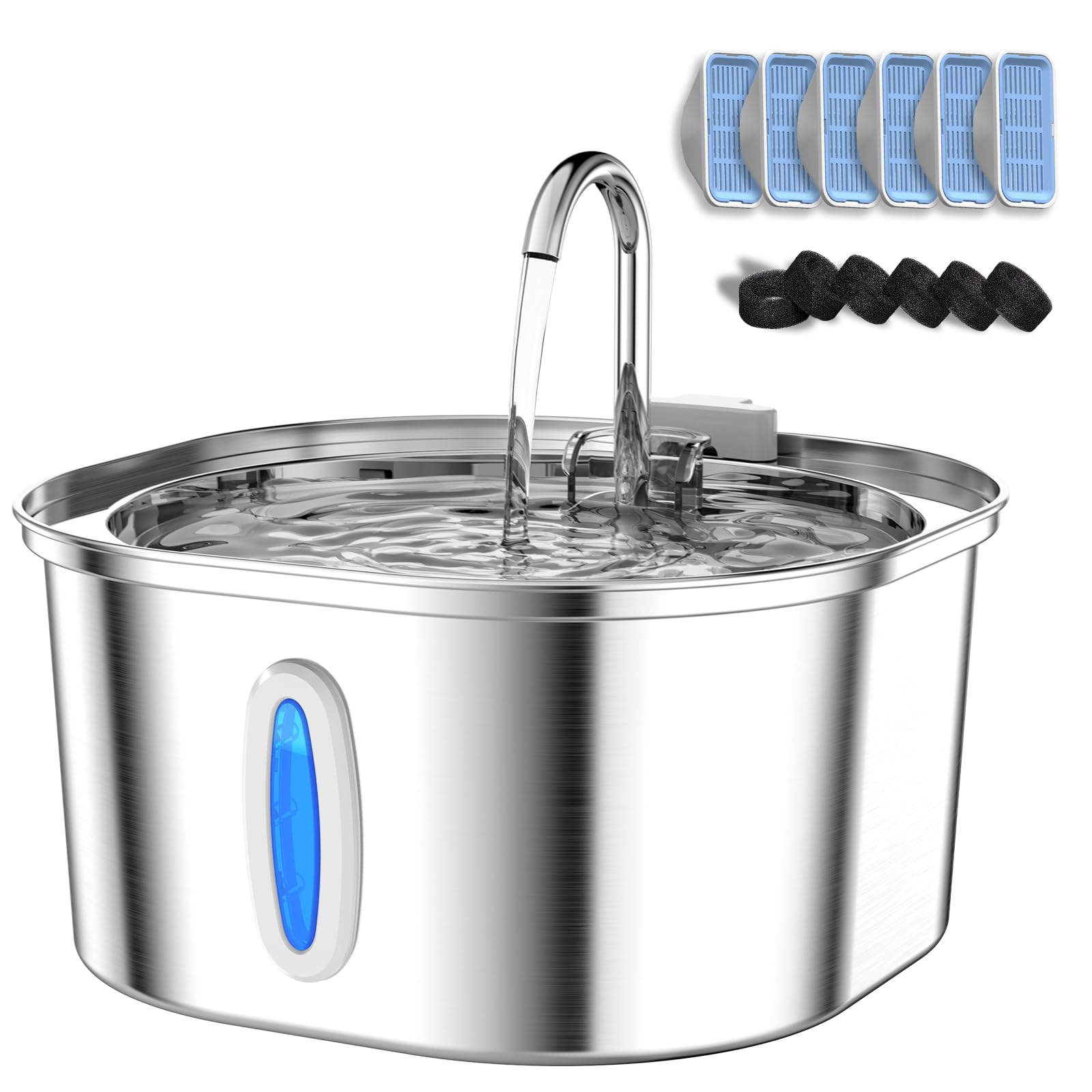 Cat Water Fountain - 3.2L/108Oz Stainless Steel Pet Water Drinking Fountain For Cats Indoor, Dog Water Fountain With Water Level Window And 6 Filters + 6 Sponges