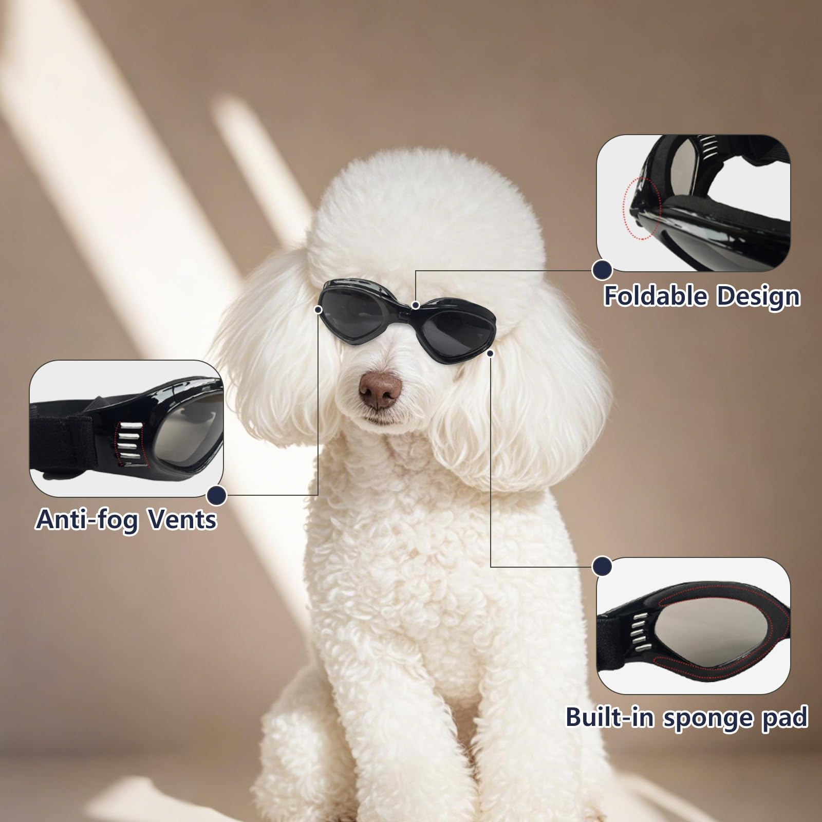 Billionchains Dog Goggles With Adjustable Straps Foldable Dog Sunglasses Anti-Uv For Small To Medium Dog-Black