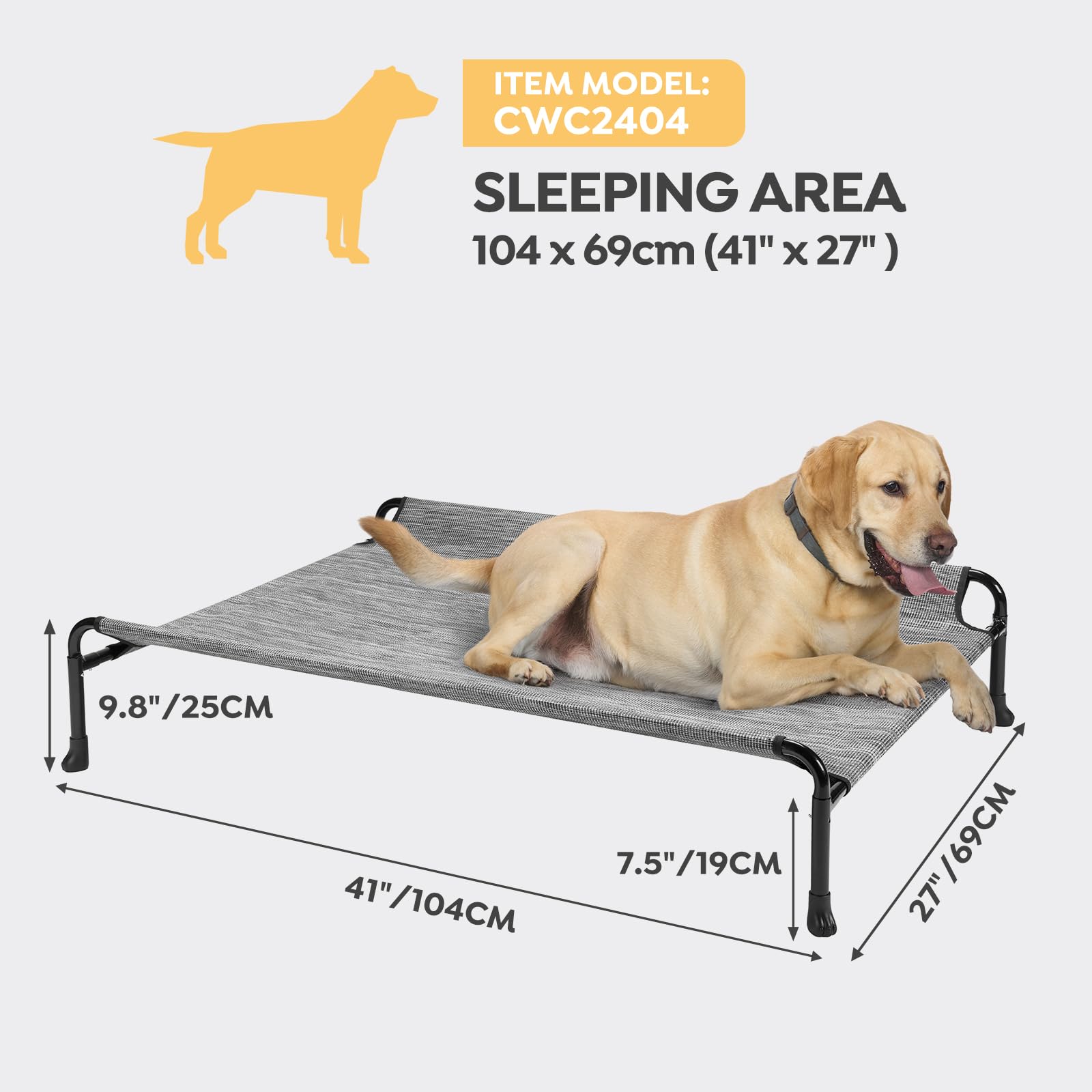 Veehoo Cooling Elevated Dog Bed - Raised Dog Bed With Guardrail, Non-Slip Portable Camping Cot, 41 X 27 Inches, Black Silver