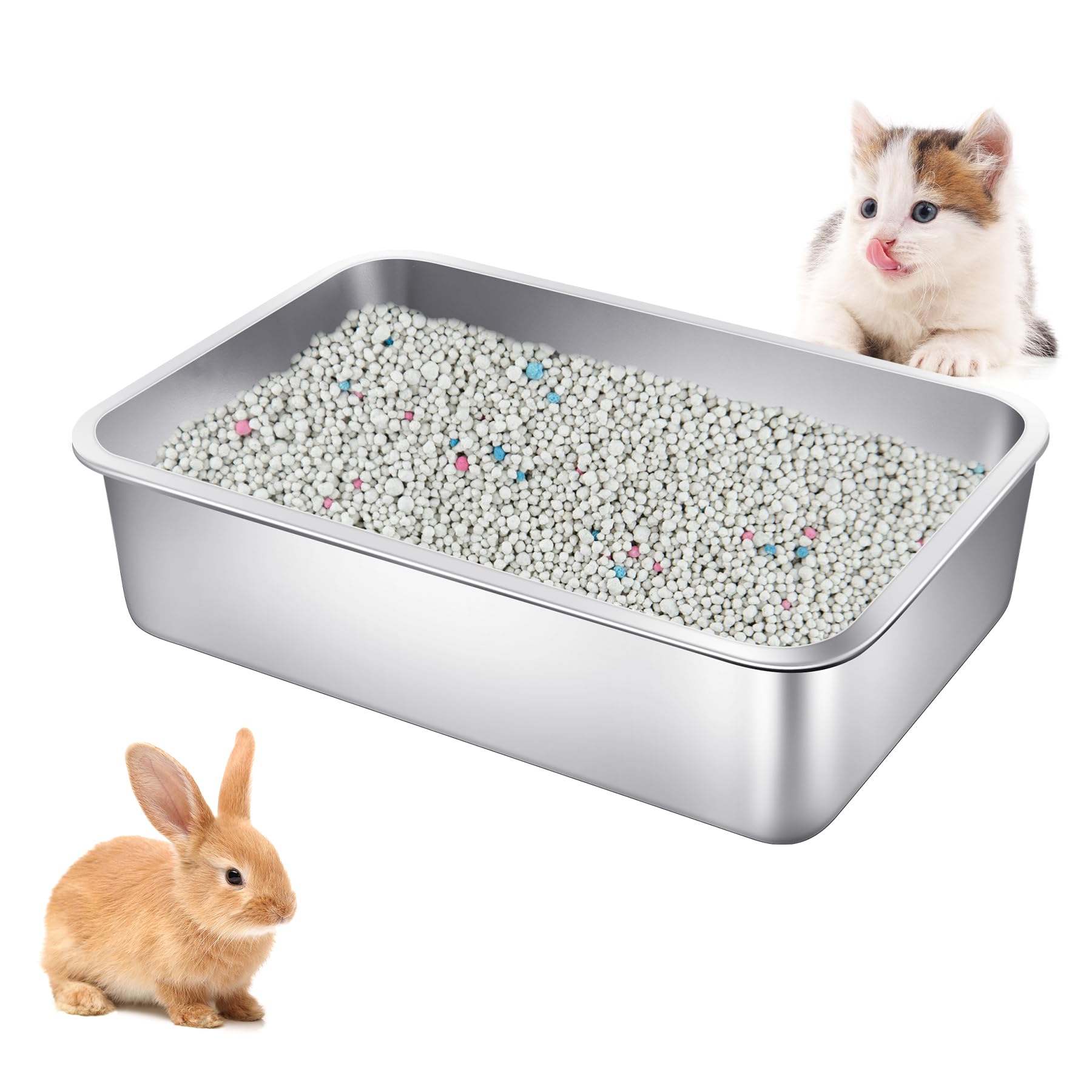 Stainless Steel Cat Litter Box Small 15.7'' L X 11.8'' W X 3.9'' H Metal Litter Box Low Entry Kitty Cat Litter Pan Rustproof, No