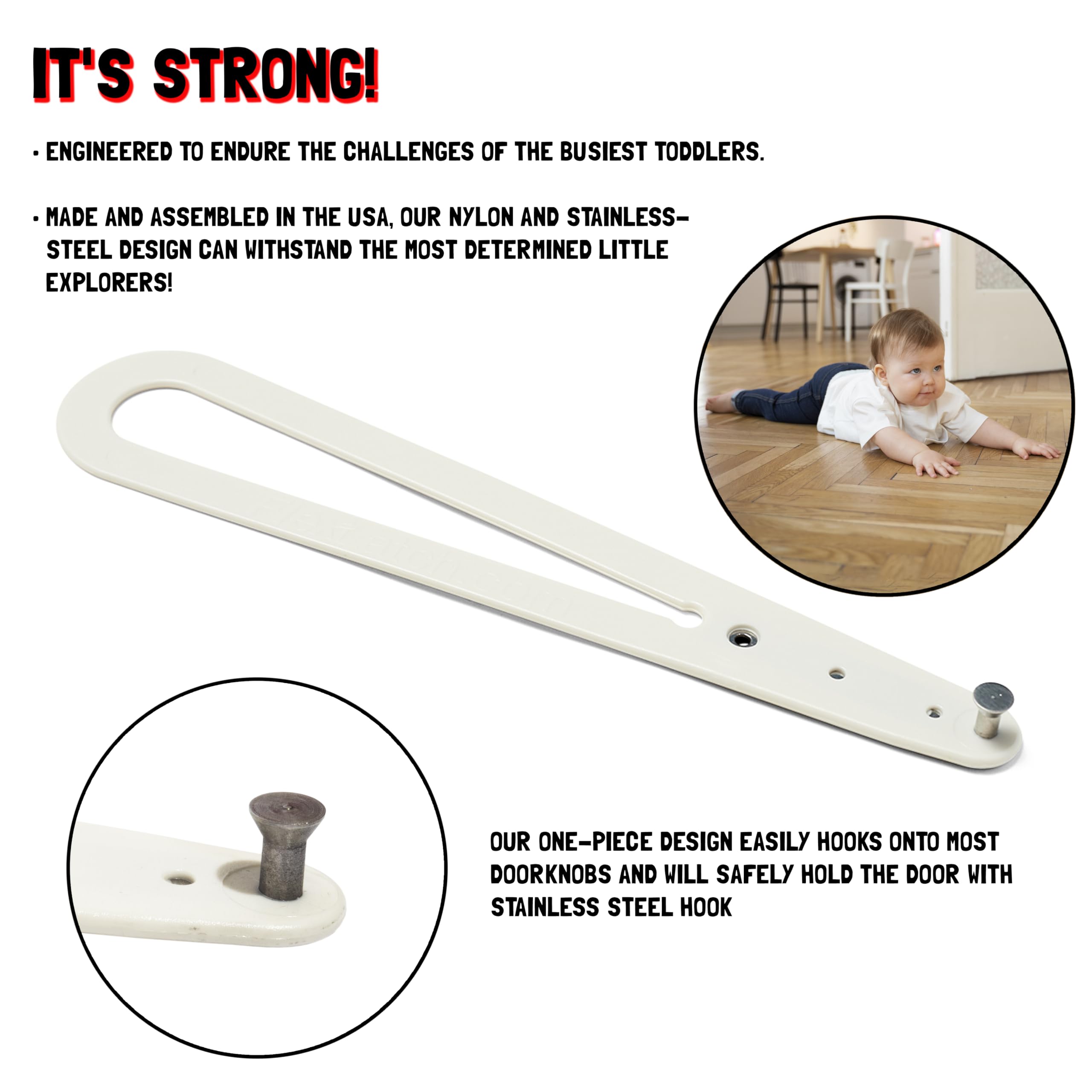 Flexlatch Baby-Pet Door Holder Latch, Child Proof Door Lock, Flex Latch Strap, Lets Cats In And Keeps Children Out (White)