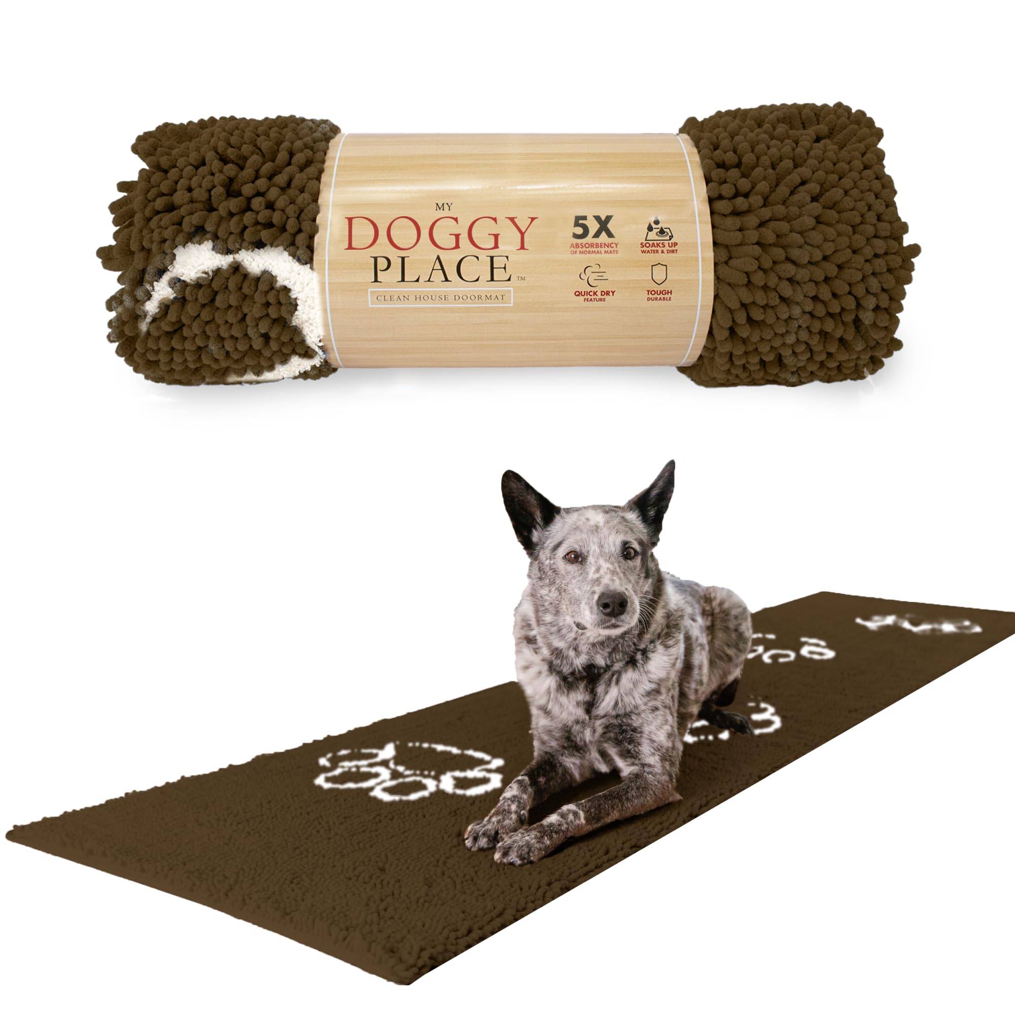 My Doggy Place Microfiber Dog Mat for Muddy Paws, 8 x 2 Brown with Paw Print - Non-Slip, Absorbent and Quick-Drying Dog Paw Cl