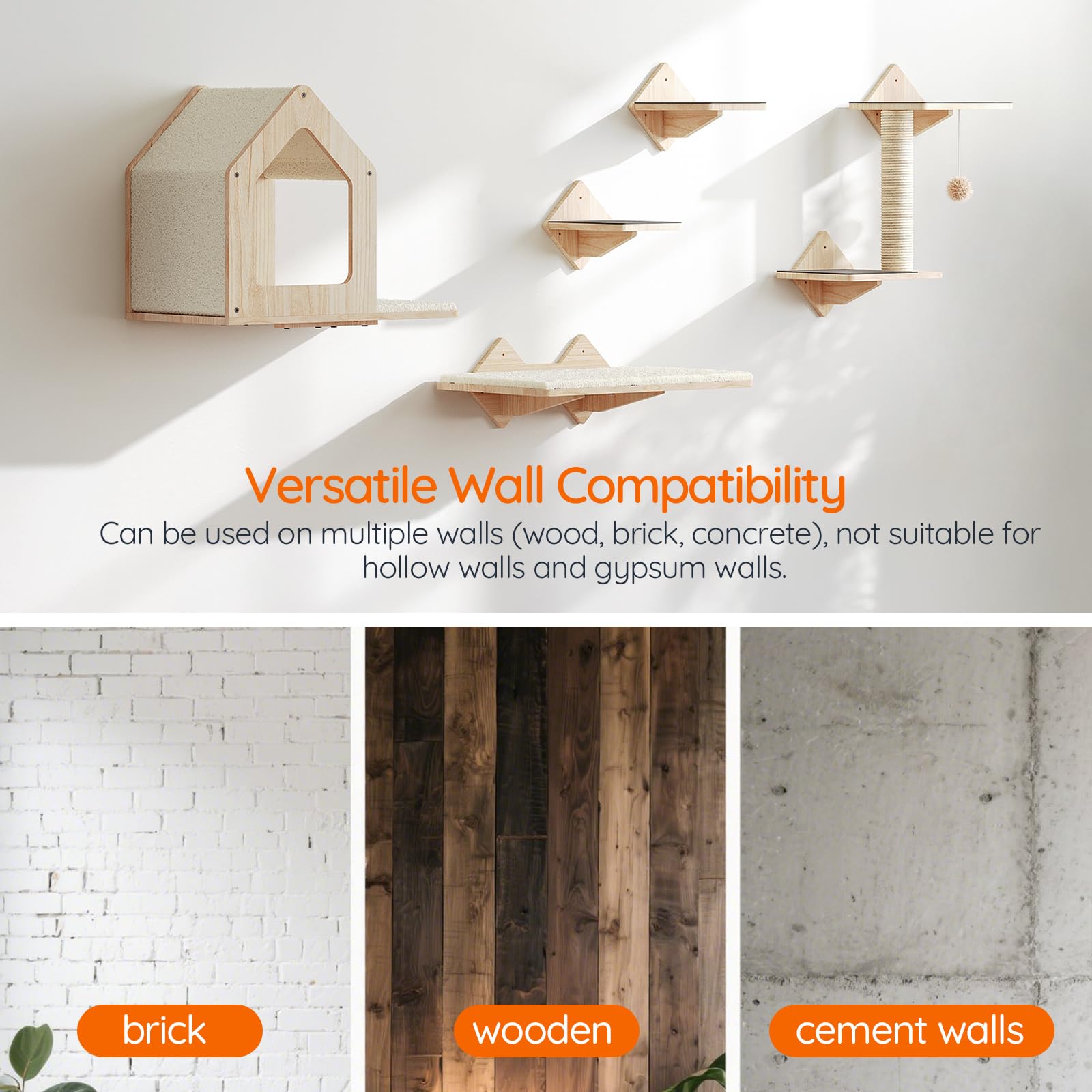 Hoobro Wood Cat Wall Shelves, Set Of 5 Cat Wall Mounted Furniture, Climbing Shelves With House, Steps, Scratching Post, Perch, S