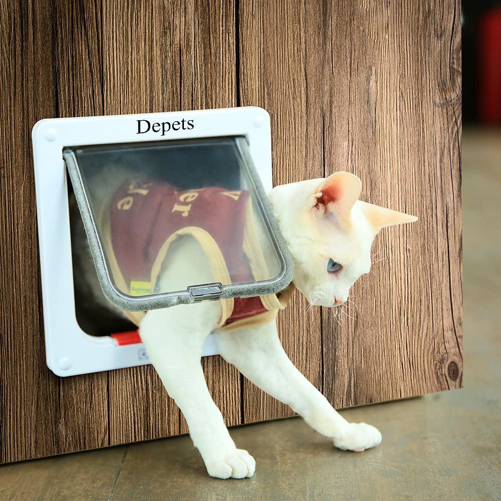 Depets Medium Cat Flap Door With 4 Way Lock (Outer Size 7.5' X 7.8'), Magnetic Pet Door Kit White, Weather-Resistant Cat Door For Cats & Doggy