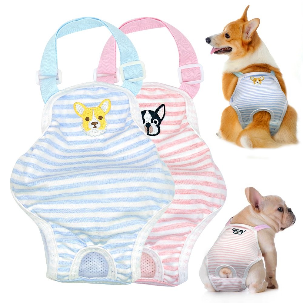 Stock Show 1Pc Dog Cute Summer Cotton Stripe Sanitary Pantie With Adjustable Strap Suspender Physiological Pants Pet Underwear Diapers Jumpsuits For Girl Dogs Medium Large Corgi French Bulldog, Pink